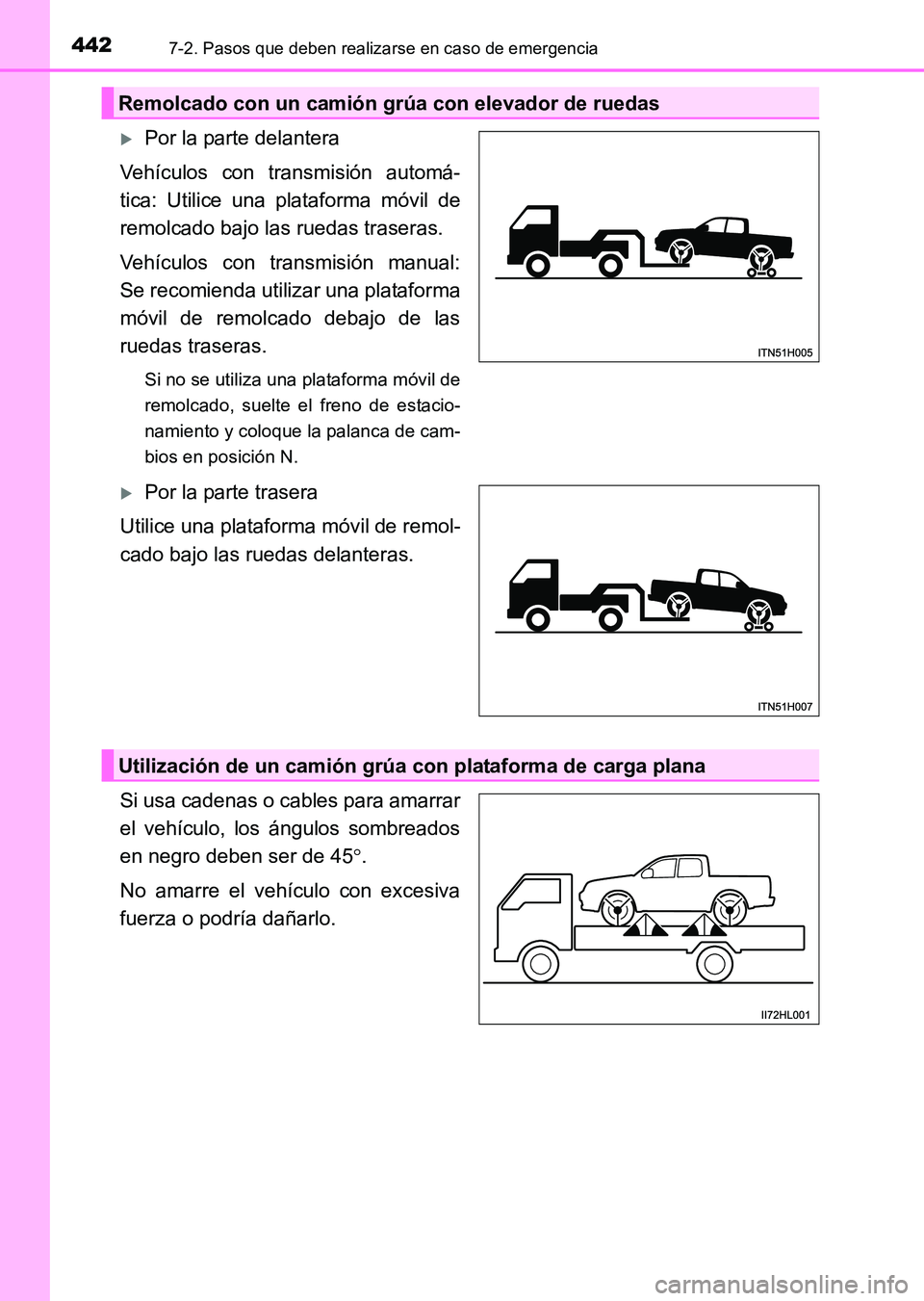 TOYOTA HILUX 2015  Manuale de Empleo (in Spanish) 4427-2. Pasos que deben realizarse en caso de emergencia
HILUX_OM_OM71215S_(ES)
�XPor la parte delantera
Vehículos con transmisión automá-
tica: Utilice una plataforma móvil de
remolcado bajo las 
