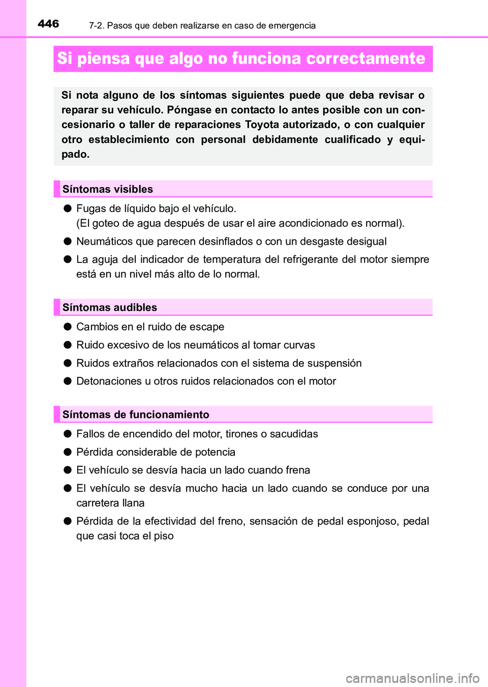 TOYOTA HILUX 2015  Manuale de Empleo (in Spanish) 4467-2. Pasos que deben realizarse en caso de emergencia
HILUX_OM_OM71215S_(ES)
Si piensa que algo no funciona correctamente
●Fugas de líquido bajo el vehículo. 
(El goteo de agua después de usar