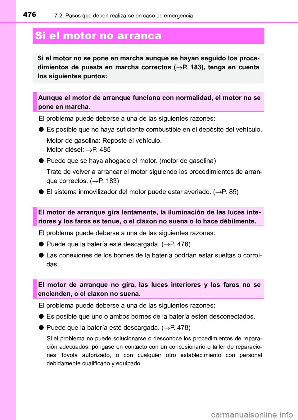 TOYOTA HILUX 2015 Manuale de Empleo (in Spanish) 4767-2. Pasos que deben realizarse en caso de emergencia
HILUX_OM_OM71215S_(ES)
Si el motor no arranca
El problema puede deberse a una de las siguientes razones:
●Es posible que no haya suficiente c TOYOTA HILUX 2015 Manuale de Empleo (in Spanish) 4767-2. Pasos que deben realizarse en caso de emergencia
HILUX_OM_OM71215S_(ES)
Si el motor no arranca
El problema puede deberse a una de las siguientes razones:
●Es posible que no haya suficiente c