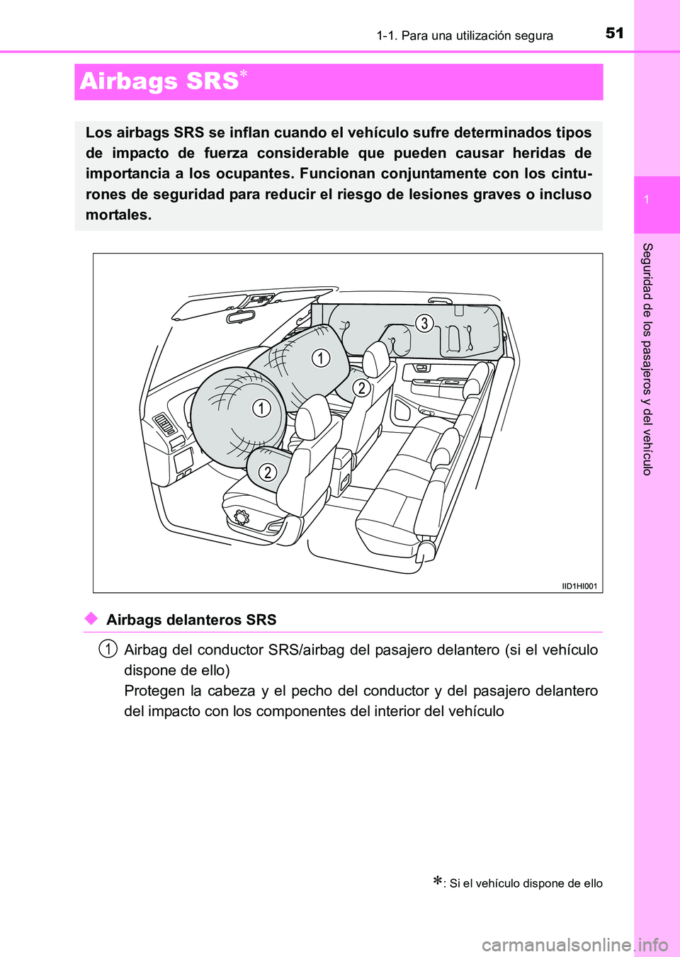 TOYOTA HILUX 2015 Manuale de Empleo (in Spanish) 511-1. Para una utilización segura
1
Seguridad de los pasajeros y del vehículo
HILUX_OM_OM71215S_(ES)
Airbags SRS∗
◆Airbags delanteros SRSAirbag del conductor SRS/airbag del pasajero delantero ( TOYOTA HILUX 2015 Manuale de Empleo (in Spanish) 511-1. Para una utilización segura
1
Seguridad de los pasajeros y del vehículo
HILUX_OM_OM71215S_(ES)
Airbags SRS∗
◆Airbags delanteros SRSAirbag del conductor SRS/airbag del pasajero delantero (