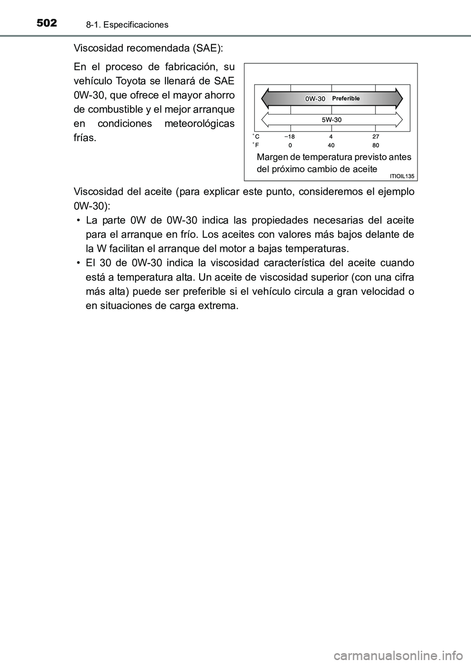 TOYOTA HILUX 2015  Manuale de Empleo (in Spanish) 5028-1. Especificaciones
HILUX_OM_OM71215S_(ES)
Viscosidad recomendada (SAE):
En el proceso de fabricación, su
vehículo Toyota se llenará de SAE
0W-30, que ofrece el mayor ahorro
de combustible y e