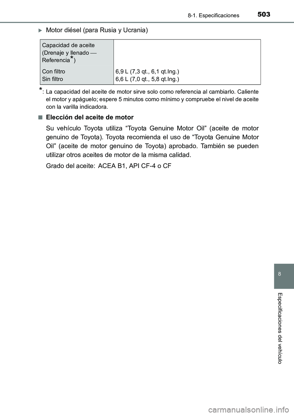 TOYOTA HILUX 2015  Manuale de Empleo (in Spanish) 503
8
8-1. Especificaciones
Especificaciones del vehículo
HILUX_OM_OM71215S_(ES)
�XMotor diésel (para Rusia y Ucrania)
*: La capacidad del aceite de motor sirve solo como referencia al cambiarlo. Ca