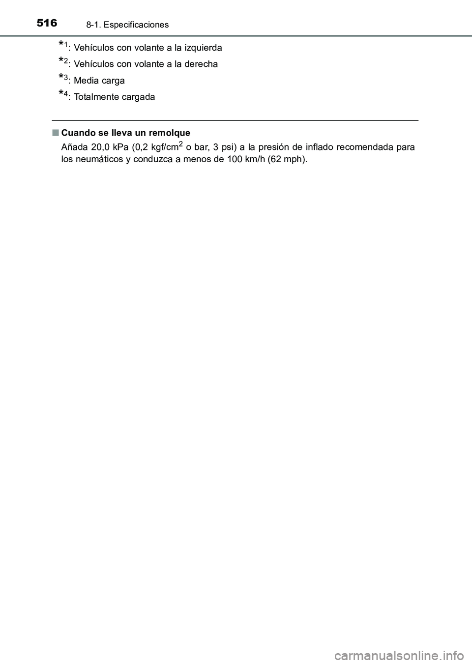 TOYOTA HILUX 2015  Manuale de Empleo (in Spanish) 5168-1. Especificaciones
HILUX_OM_OM71215S_(ES)
*1: Vehículos con volante a la izquierda 
*2: Vehículos con volante a la derecha 
*3:Media carga 
*4: Totalmente cargada
■Cuando se lleva un remolqu