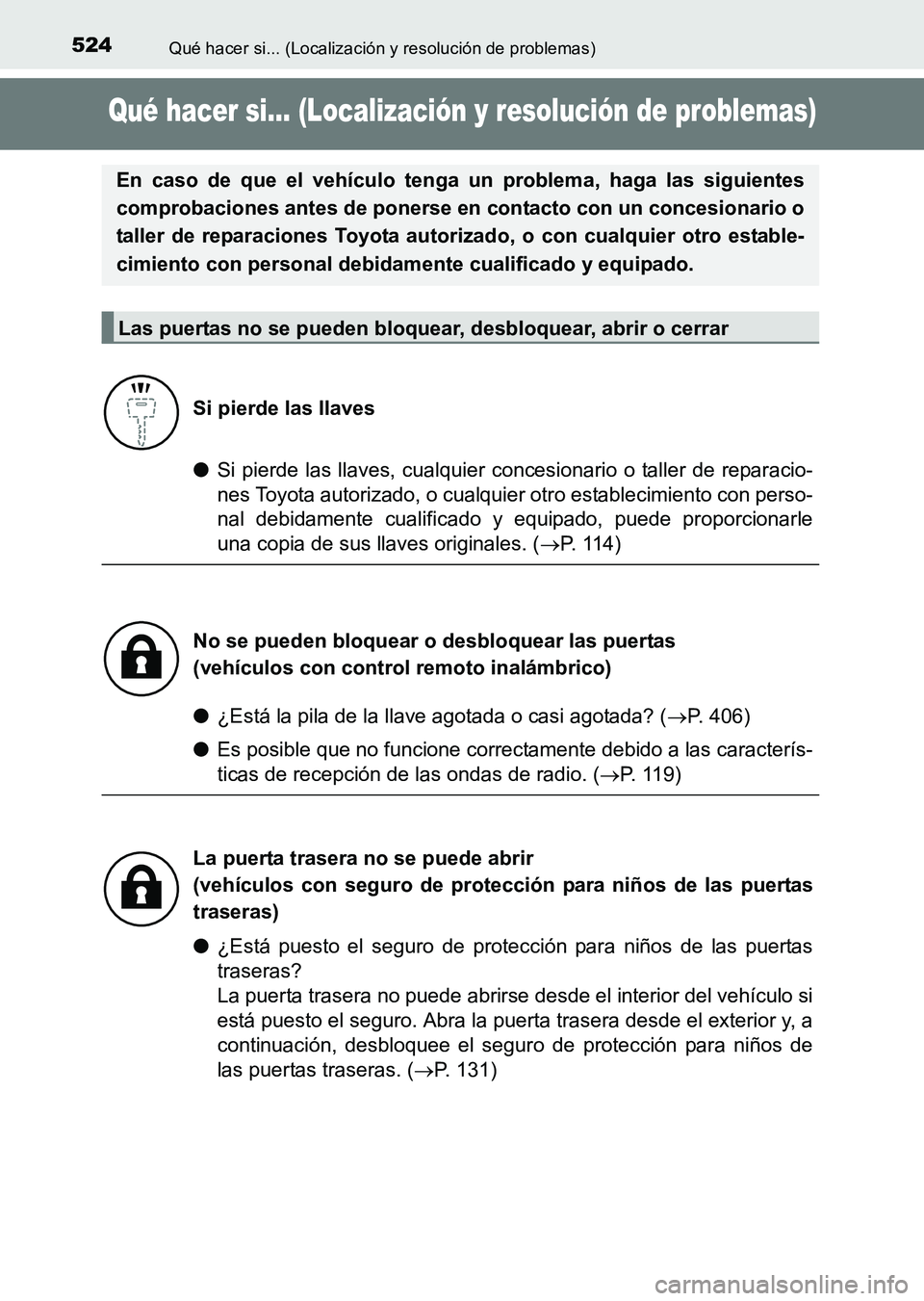 TOYOTA HILUX 2015 Manuale de Empleo (in Spanish) 524Qué hacer si... (Localización y resolución de problemas)
HILUX_OM_OM71215S_(ES)
Qué hacer si... (Localización y resolución de problemas)
●Si pierde las llaves, cualquier c oncesionario o ta TOYOTA HILUX 2015 Manuale de Empleo (in Spanish) 524Qué hacer si... (Localización y resolución de problemas)
HILUX_OM_OM71215S_(ES)
Qué hacer si... (Localización y resolución de problemas)
●Si pierde las llaves, cualquier c oncesionario o ta