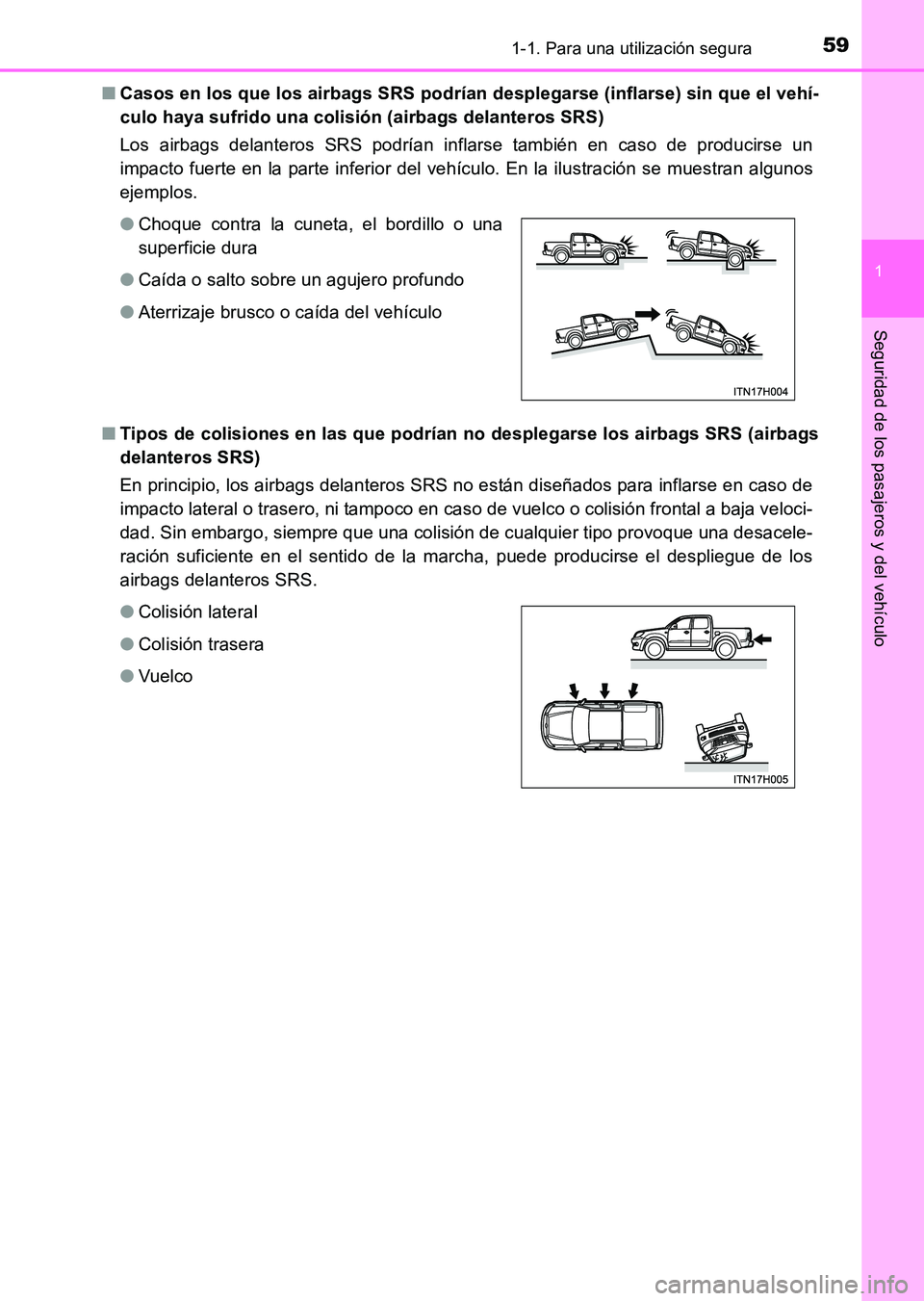 TOYOTA HILUX 2015 Manuale de Empleo (in Spanish) 591-1. Para una utilización segura
1
HILUX_OM_OM71215S_(ES)
Seguridad de los pasajeros y del vehículo
■Casos en los que los airbags SRS podrían desplegarse (inflarse) sin que el vehí-
culo haya TOYOTA HILUX 2015 Manuale de Empleo (in Spanish) 591-1. Para una utilización segura
1
HILUX_OM_OM71215S_(ES)
Seguridad de los pasajeros y del vehículo
■Casos en los que los airbags SRS podrían desplegarse (inflarse) sin que el vehí-
culo haya