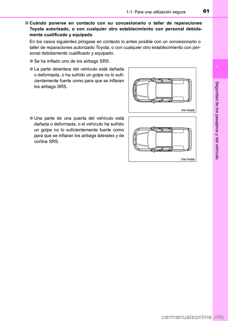 TOYOTA HILUX 2015 Manuale de Empleo (in Spanish) 611-1. Para una utilización segura
1
HILUX_OM_OM71215S_(ES)
Seguridad de los pasajeros y del vehículo
■Cuándo ponerse en contacto con su concesionario o taller de reparaciones
Toyota autorizado, TOYOTA HILUX 2015 Manuale de Empleo (in Spanish) 611-1. Para una utilización segura
1
HILUX_OM_OM71215S_(ES)
Seguridad de los pasajeros y del vehículo
■Cuándo ponerse en contacto con su concesionario o taller de reparaciones
Toyota autorizado,