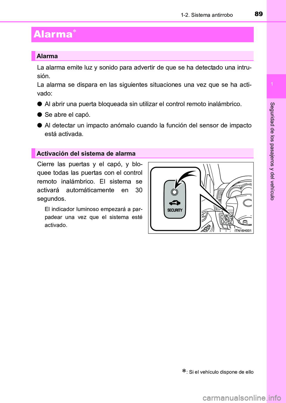 TOYOTA HILUX 2015 Manuale de Empleo (in Spanish) 89
1
1-2. Sistema antirrobo
HILUX_OM_OM71215S_(ES)
Seguridad de los pasajeros y del vehículo
Alar ma∗
La alarma emite luz y sonido para advertir de que se ha detectado una intru-
sión.
La alarma TOYOTA HILUX 2015 Manuale de Empleo (in Spanish) 89
1
1-2. Sistema antirrobo
HILUX_OM_OM71215S_(ES)
Seguridad de los pasajeros y del vehículo
Alar ma∗
La alarma emite luz y sonido para advertir de que se ha detectado una intru-
sión.
La alarma