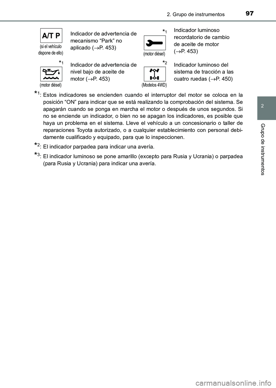 TOYOTA HILUX 2015  Manuale de Empleo (in Spanish) 972. Grupo de instrumentos
2
Grupo de instrumentos
HILUX_OM_OM71215S_(ES)
*1: Estos indicadores se encienden cuando el interruptor del motor se coloca en laposición “ON” para indicar que se está