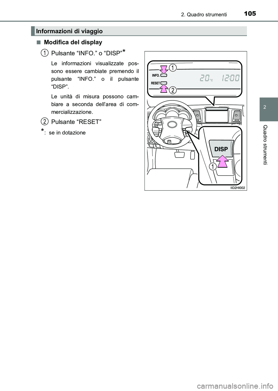 TOYOTA HILUX 2015  Manuale duso (in Italian) 1052. Quadro strumenti
2
Quadro strumenti
HILUX_OM_OM71216L_(EL)■
Modifica del display
Pulsante “INFO.” o “DISP”
*
Le informazioni visualizzate pos-
sono essere cambiate premendo il
pulsante