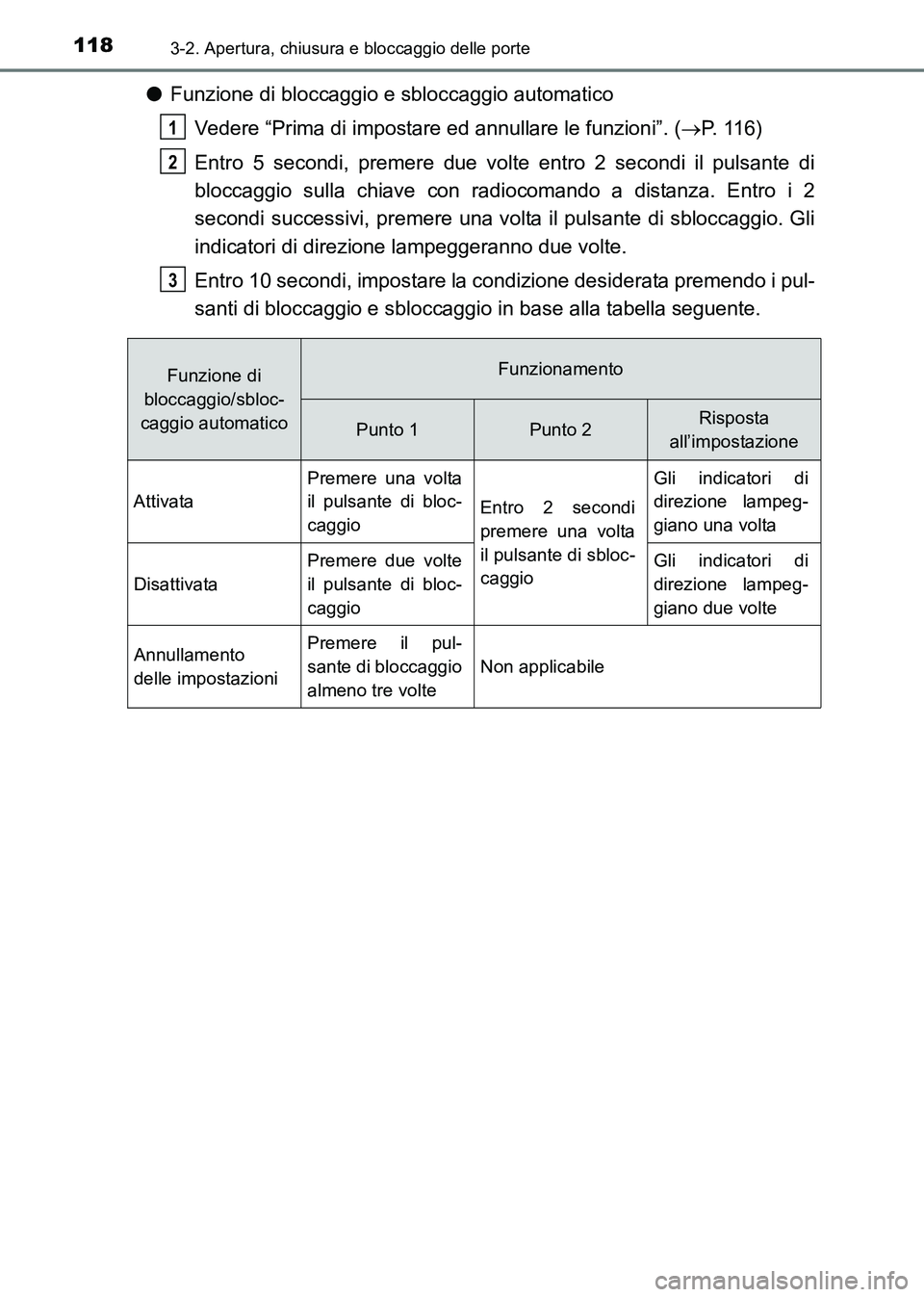 TOYOTA HILUX 2015  Manuale duso (in Italian) 1183-2. Apertura, chiusura e bloccaggio delle porte
HILUX_OM_OM71216L_(EL)
●Funzione di bloccaggio e sbloccaggio automatico
Vedere “Prima di impostare ed annullare le funzioni”. ( →P. 116)
Ent