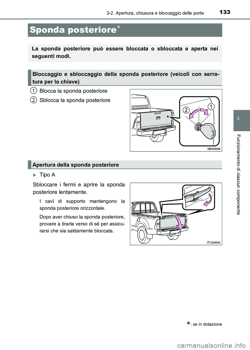 TOYOTA HILUX 2015  Manuale duso (in Italian) 133
3
3-2. Apertura, chiusura e bloccaggio delle porte
Funzionamento di ciascun componente
HILUX_OM_OM71216L_(EL)
Sponda posteriore∗
Blocca la sponda posteriore
Sblocca la sponda posteriore
�XTipo A