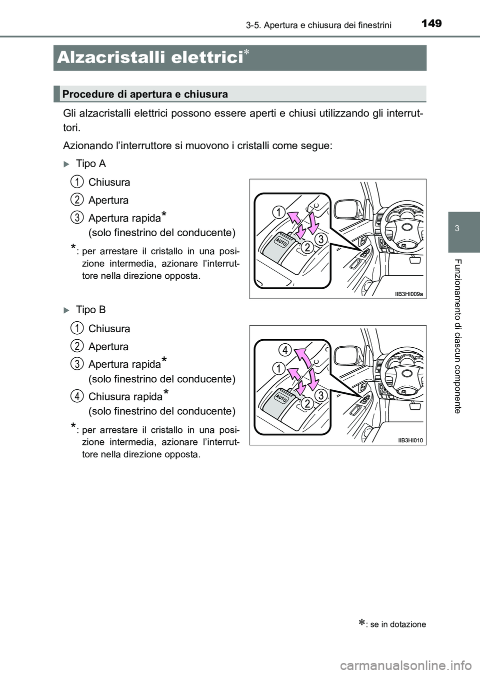 TOYOTA HILUX 2015  Manuale duso (in Italian) 149
3
3-5. Apertura e chiusura dei finestrini
Funzionamento di ciascun componente
HILUX_OM_OM71216L_(EL)
Alzacristalli elettrici∗
Gli alzacristalli elettrici possono essere aperti e chiusi utilizzan