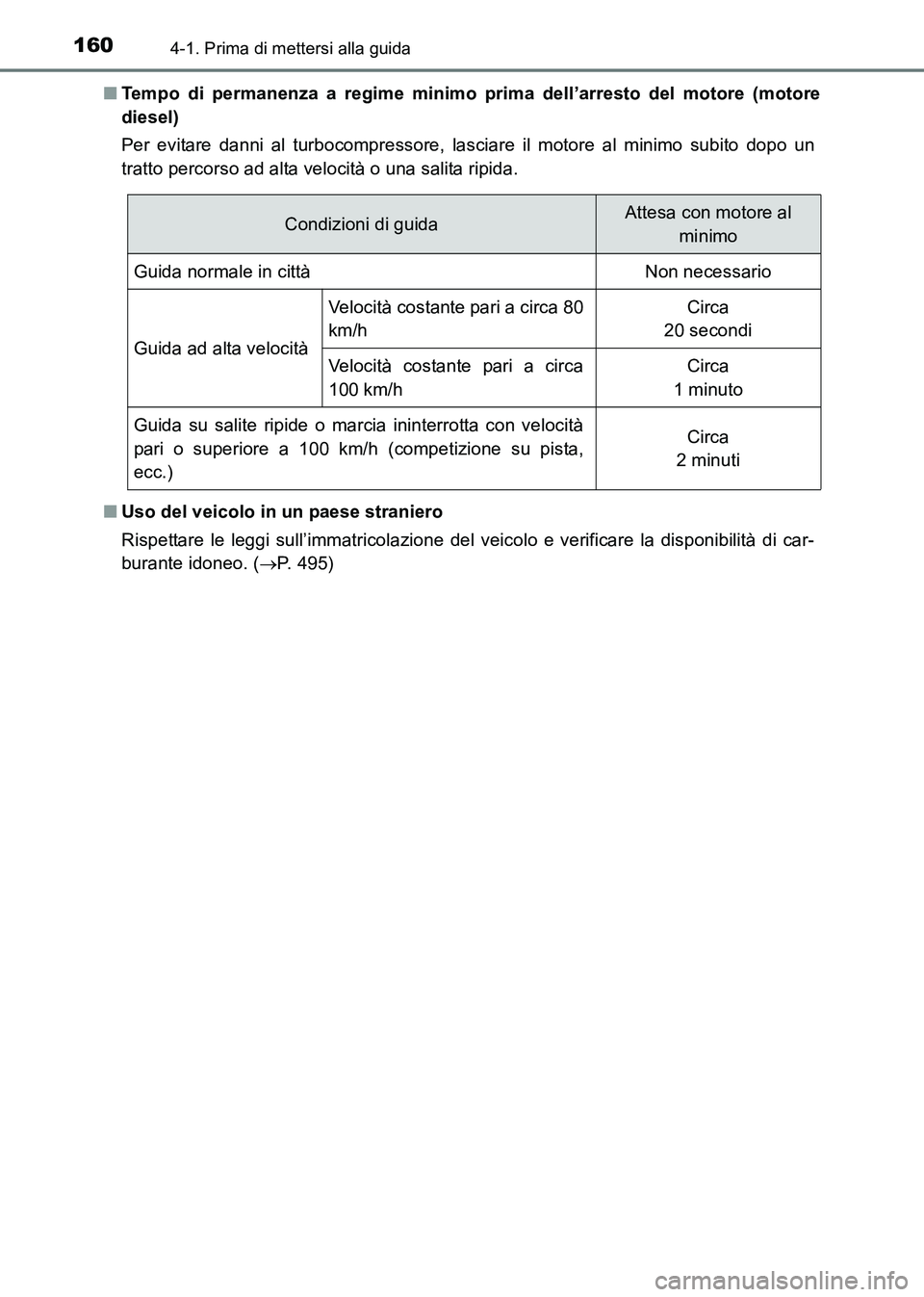 TOYOTA HILUX 2015  Manuale duso (in Italian) 1604-1. Prima di mettersi alla guida
HILUX_OM_OM71216L_(EL)■
Tempo di permanenza a regime minimo prima dell’arresto del motore (motore
diesel)
Per evitare danni al turbocompressore, lasciare il mo
