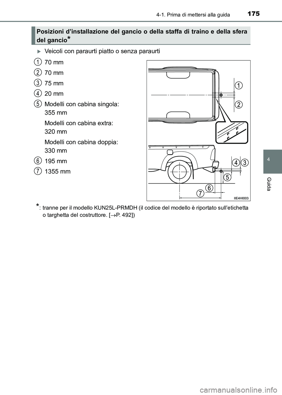 TOYOTA HILUX 2015  Manuale duso (in Italian) 1754-1. Prima di mettersi alla guida
4
Guida
HILUX_OM_OM71216L_(EL)
�XVeicoli con paraurti piatto o senza paraurti
70 mm
70 mm
75 mm
20 mm
Modelli con cabina singola: 
355 mm
Modelli con cabina extra: