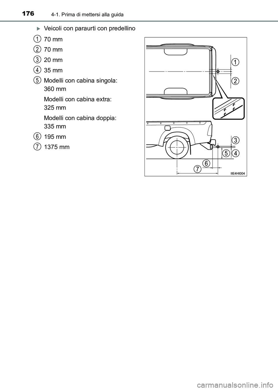 TOYOTA HILUX 2015  Manuale duso (in Italian) 1764-1. Prima di mettersi alla guida
HILUX_OM_OM71216L_(EL)
�XVeicoli con paraurti con predellino
70 mm
70 mm
20 mm
35 mm
Modelli con cabina singola: 
360 mm
Modelli con cabina extra: 
325 mm
Modelli 
