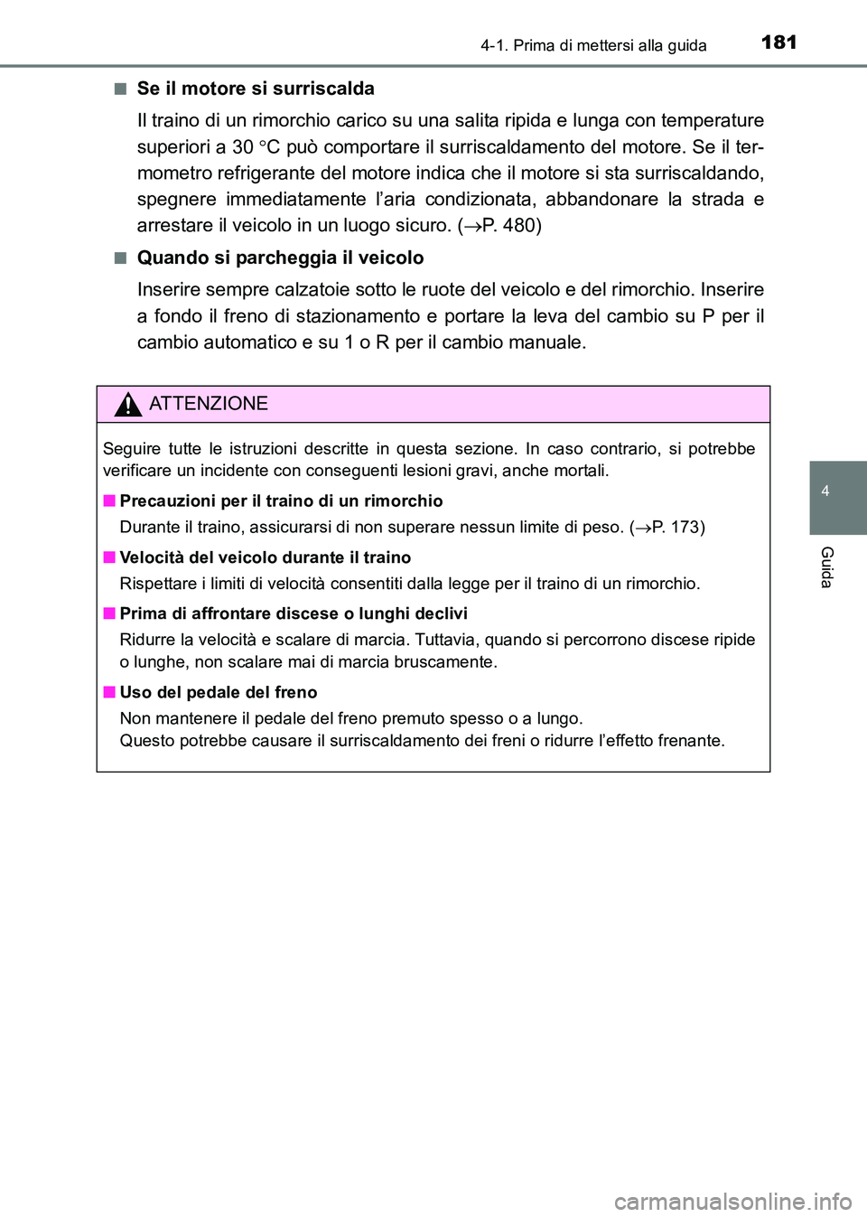 TOYOTA HILUX 2015  Manuale duso (in Italian) 1814-1. Prima di mettersi alla guida
4
Guida
HILUX_OM_OM71216L_(EL)■
Se il motore si surriscalda
Il traino di un rimorchio carico su una salita ripida e lunga con temperature
superiori a 30 
°C pu