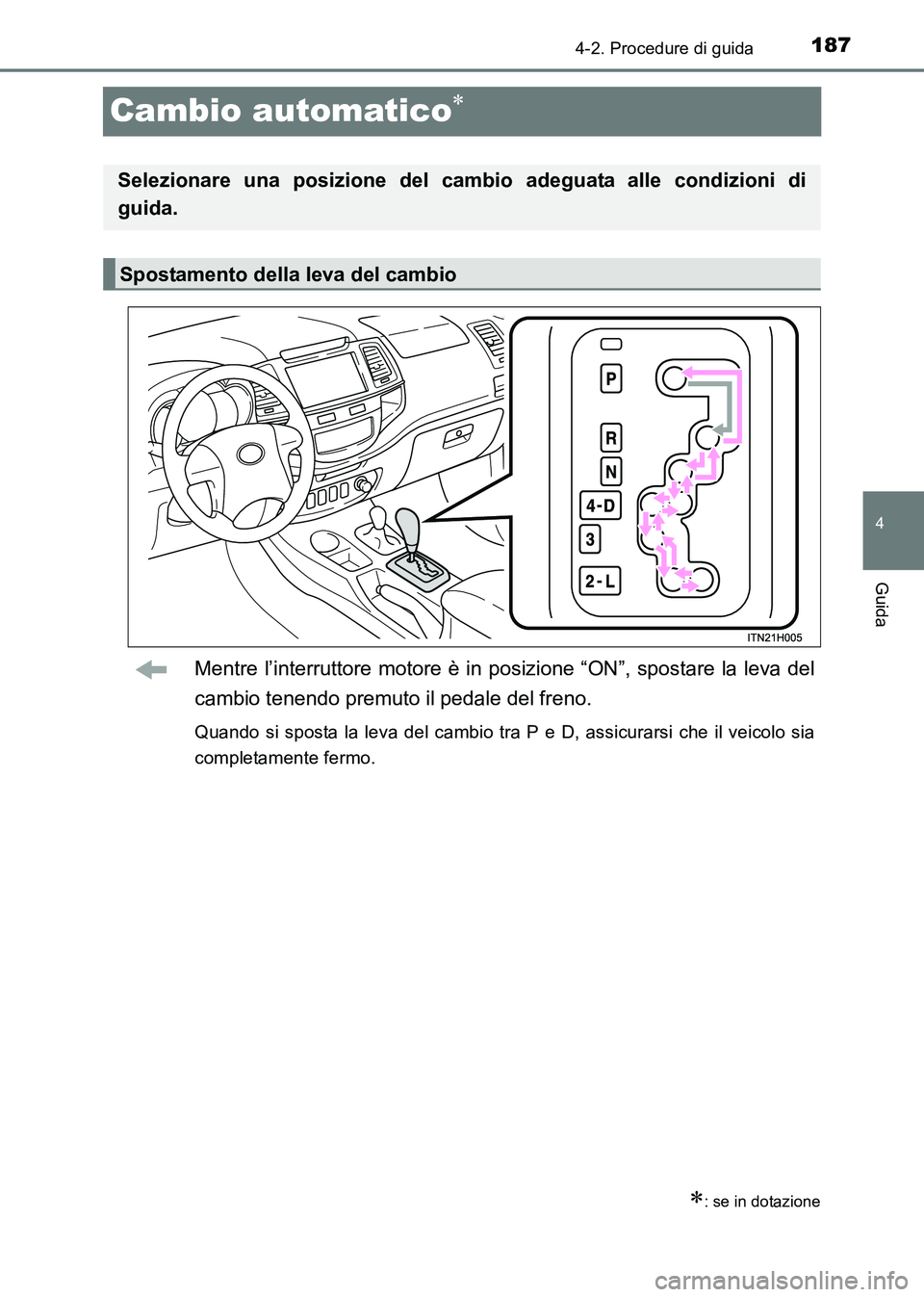 TOYOTA HILUX 2015  Manuale duso (in Italian) 187
4
4-2. Procedure di guida
Guida
HILUX_OM_OM71216L_(EL)
Cambio automatico∗
Mentre l’interruttore motore è in posizione “ON”, spostare la leva del
cambio tenendo premuto il pedale del freno