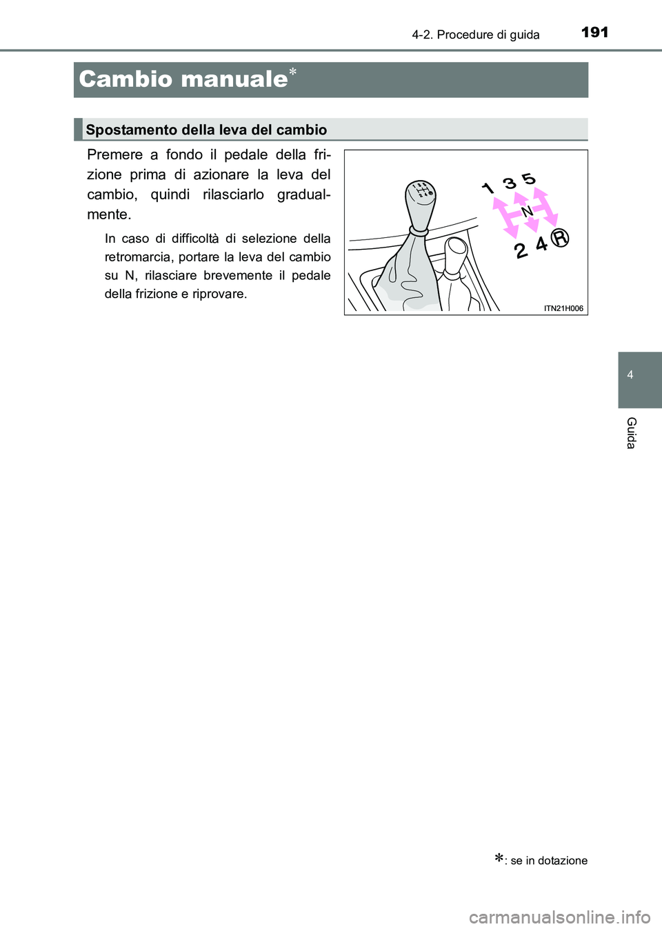 TOYOTA HILUX 2015  Manuale duso (in Italian) 191
4
4-2. Procedure di guida
Guida
HILUX_OM_OM71216L_(EL)
Cambio manuale∗
Premere a fondo il pedale della fri-
zione prima di azionare la leva del
cambio, quindi rilasciarlo gradual-
mente.
In caso