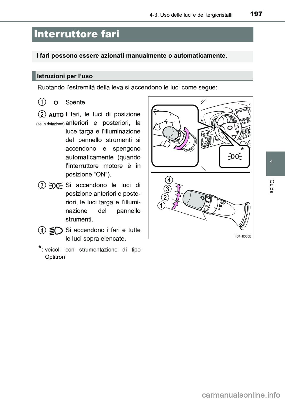 TOYOTA HILUX 2015  Manuale duso (in Italian) 197
4
4-3. Uso delle luci e dei tergicristalli
Guida
HILUX_OM_OM71216L_(EL)
Interruttore fari
Ruotando l’estremità della leva si accendono le luci come segue:
I fari possono essere azionati manualm