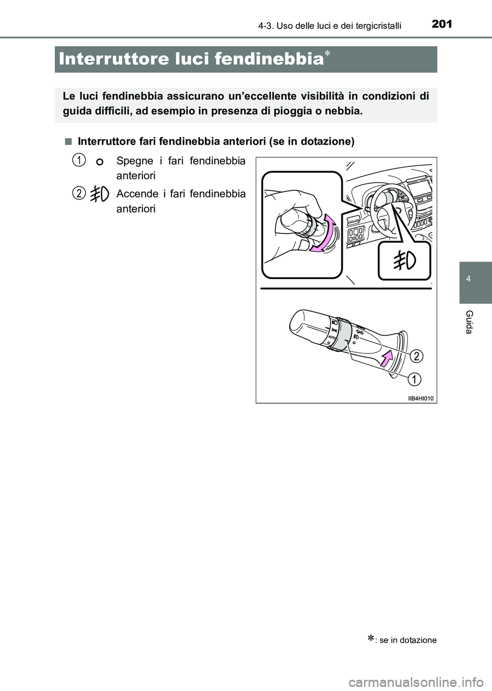 TOYOTA HILUX 2015  Manuale duso (in Italian) 201
4
4-3. Uso delle luci e dei tergicristalli
Guida
HILUX_OM_OM71216L_(EL)
Interruttore luci fendinebbia∗
■Interruttore fari fendinebbia anteriori (se in dotazione)Spegne i fari fendinebbia
anter