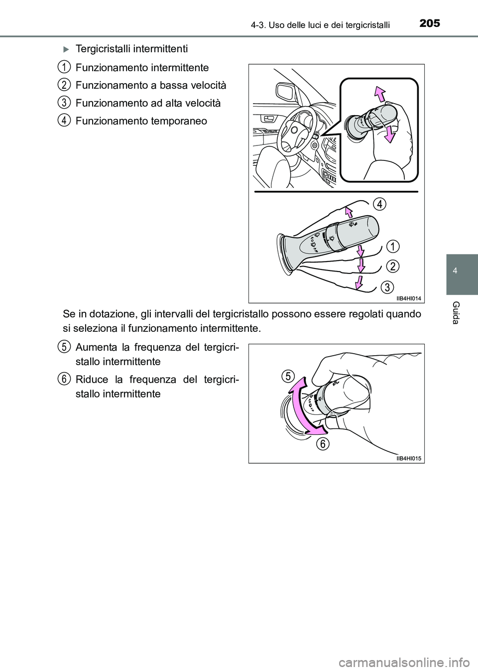 TOYOTA HILUX 2015  Manuale duso (in Italian) 2054-3. Uso delle luci e dei tergicristalli
4
Guida
HILUX_OM_OM71216L_(EL)
�XTergicristalli intermittenti
Funzionamento intermittente
Funzionamento a bassa velocità
Funzionamento ad alta velocità
Fu