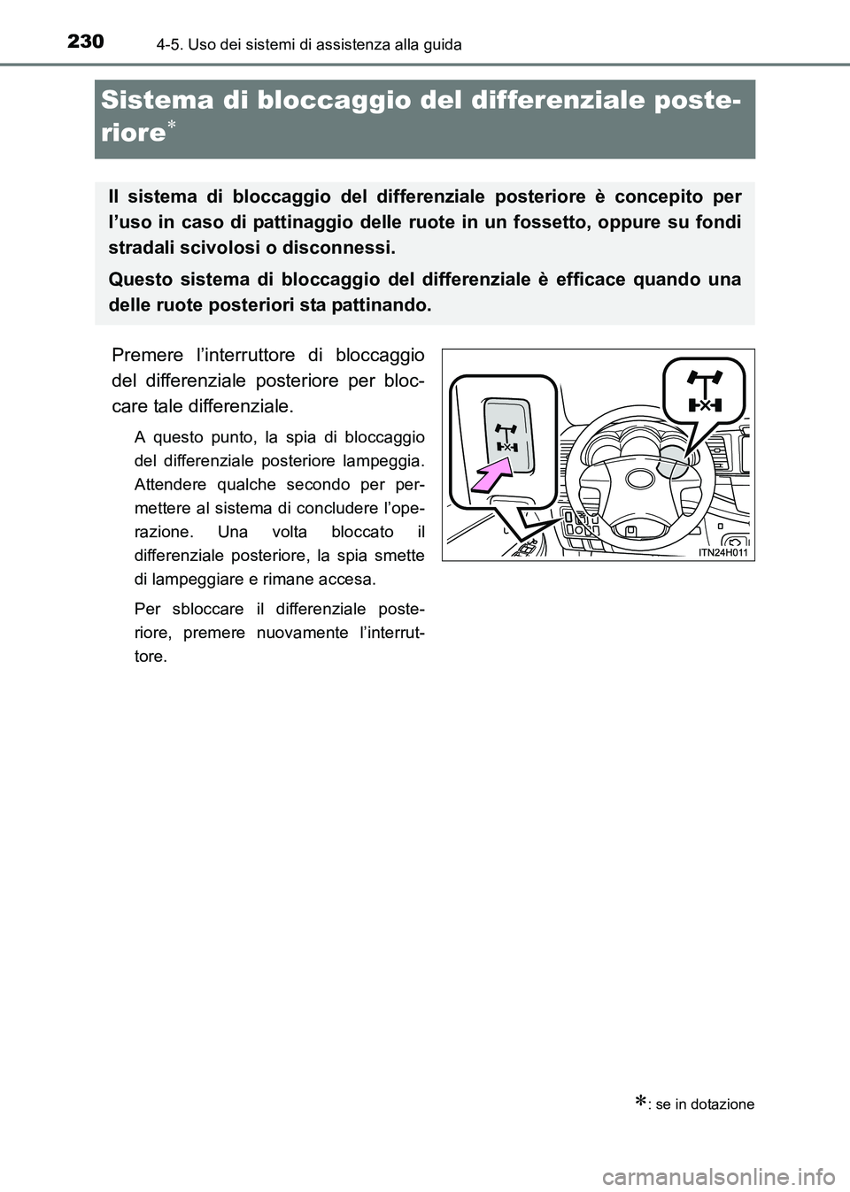TOYOTA HILUX 2015 Manuale duso (in Italian) 2304-5. Uso dei sistemi di assistenza alla guida
HILUX_OM_OM71216L_(EL)
Sistema di bloccaggio del differenziale poste-
riore
∗
Premere l’interruttore di bloccaggio
del differenziale posteriore per TOYOTA HILUX 2015 Manuale duso (in Italian) 2304-5. Uso dei sistemi di assistenza alla guida
HILUX_OM_OM71216L_(EL)
Sistema di bloccaggio del differenziale poste-
riore
∗
Premere l’interruttore di bloccaggio
del differenziale posteriore per