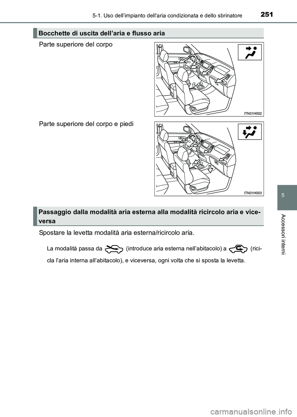 TOYOTA HILUX 2015 Manuale duso (in Italian) 2515-1. Uso dell’impianto dell’aria condizionata e dello sbrinatore
5
Accessori interni
HILUX_OM_OM71216L_(EL)
Parte superiore del corpo
Parte superiore del corpo e piedi
Spostare la levetta modal TOYOTA HILUX 2015 Manuale duso (in Italian) 2515-1. Uso dell’impianto dell’aria condizionata e dello sbrinatore
5
Accessori interni
HILUX_OM_OM71216L_(EL)
Parte superiore del corpo
Parte superiore del corpo e piedi
Spostare la levetta modal
