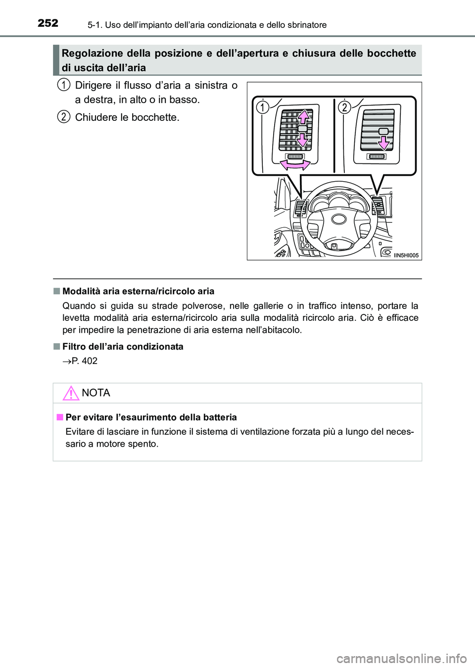 TOYOTA HILUX 2015 Manuale duso (in Italian) 2525-1. Uso dell’impianto dell’aria condizionata e dello sbrinatore
HILUX_OM_OM71216L_(EL)
Dirigere il flusso d’aria a sinistra o
a destra, in alto o in basso.
Chiudere le bocchette.
■Modalit TOYOTA HILUX 2015 Manuale duso (in Italian) 2525-1. Uso dell’impianto dell’aria condizionata e dello sbrinatore
HILUX_OM_OM71216L_(EL)
Dirigere il flusso d’aria a sinistra o
a destra, in alto o in basso.
Chiudere le bocchette.
■Modalit