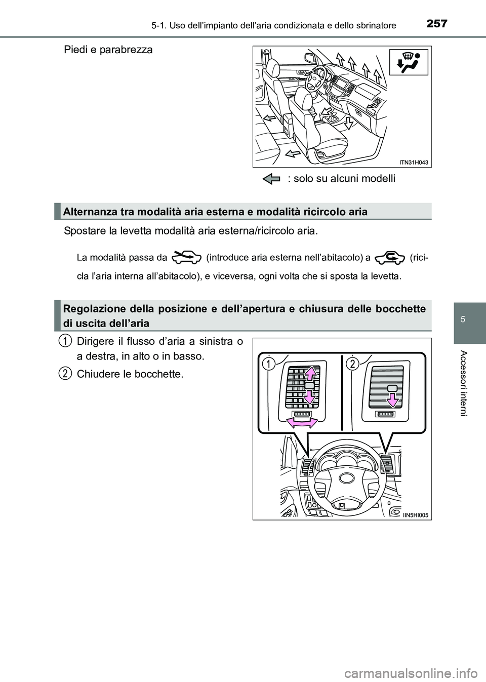TOYOTA HILUX 2015 Manuale duso (in Italian) 2575-1. Uso dell’impianto dell’aria condizionata e dello sbrinatore
5
Accessori interni
HILUX_OM_OM71216L_(EL)
Piedi e parabrezza: solo su alcuni modelli
Spostare la levetta modalità aria esterna TOYOTA HILUX 2015 Manuale duso (in Italian) 2575-1. Uso dell’impianto dell’aria condizionata e dello sbrinatore
5
Accessori interni
HILUX_OM_OM71216L_(EL)
Piedi e parabrezza: solo su alcuni modelli
Spostare la levetta modalità aria esterna