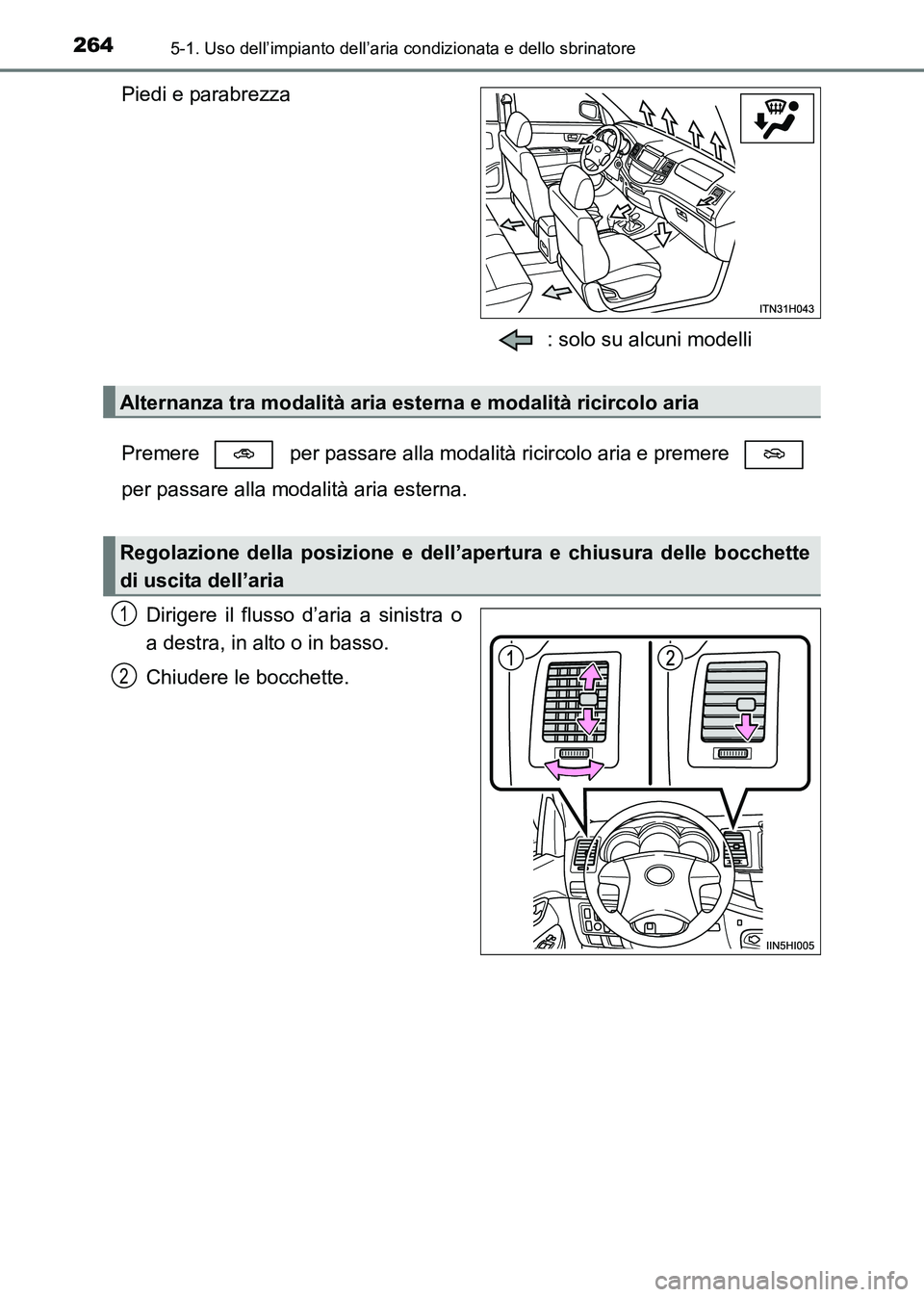 TOYOTA HILUX 2015 Manuale duso (in Italian) 2645-1. Uso dell’impianto dell’aria condizionata e dello sbrinatore
HILUX_OM_OM71216L_(EL)
Piedi e parabrezza: solo su alcuni modelli
Premere per passare alla modal ità ricircolo aria e premere TOYOTA HILUX 2015 Manuale duso (in Italian) 2645-1. Uso dell’impianto dell’aria condizionata e dello sbrinatore
HILUX_OM_OM71216L_(EL)
Piedi e parabrezza: solo su alcuni modelli
Premere per passare alla modal ità ricircolo aria e premere