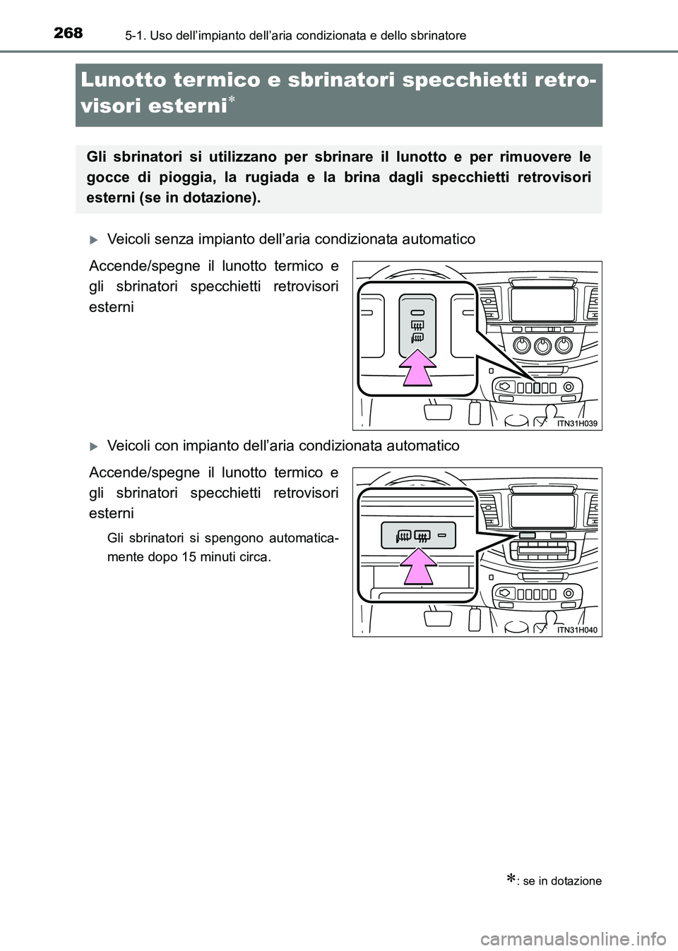 TOYOTA HILUX 2015  Manuale duso (in Italian) 2685-1. Uso dell’impianto dell’aria condizionata e dello sbrinatore
HILUX_OM_OM71216L_(EL)
Lunotto termico e sbrinatori specchietti retro-
visori esterni
∗
�XVeicoli senza impianto dell’aria c