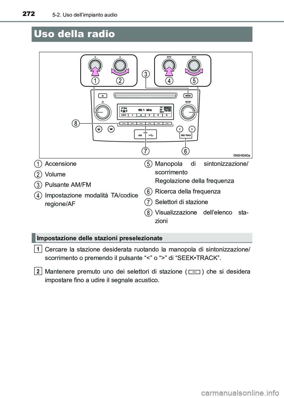 TOYOTA HILUX 2015 Manuale duso (in Italian) 2725-2. Uso dell’impianto audio
HILUX_OM_OM71216L_(EL)
Uso della radio
Cercare la stazione desiderata ruotando la manopola di sintonizzazione/
scorrimento o premendo il pulsante “<” o “>” di TOYOTA HILUX 2015 Manuale duso (in Italian) 2725-2. Uso dell’impianto audio
HILUX_OM_OM71216L_(EL)
Uso della radio
Cercare la stazione desiderata ruotando la manopola di sintonizzazione/
scorrimento o premendo il pulsante “<” o “>” di