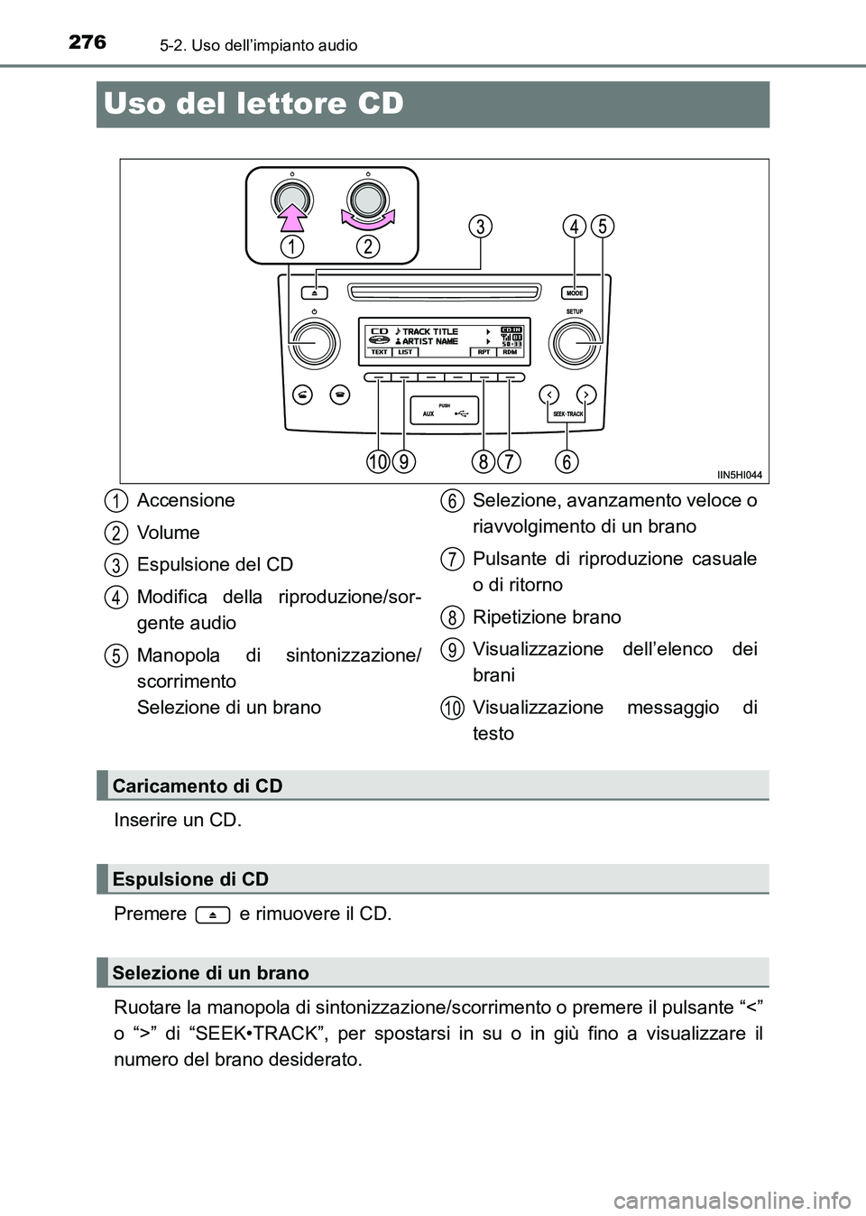 TOYOTA HILUX 2015 Manuale duso (in Italian) 2765-2. Uso dell’impianto audio
HILUX_OM_OM71216L_(EL)
Uso del lettore CD
Inserire un CD.
Premere e rimuovere il CD.
Ruotare la manopola di sintonizzazione/scorrimento o premere il pulsante “< TOYOTA HILUX 2015 Manuale duso (in Italian) 2765-2. Uso dell’impianto audio
HILUX_OM_OM71216L_(EL)
Uso del lettore CD
Inserire un CD.
Premere e rimuovere il CD.
Ruotare la manopola di sintonizzazione/scorrimento o premere il pulsante “<