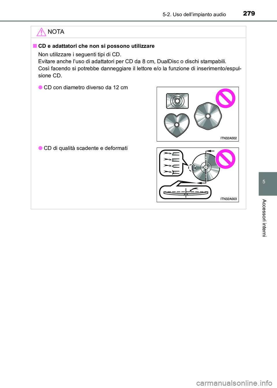 TOYOTA HILUX 2015 Manuale duso (in Italian) 2795-2. Uso dell’impianto audio
5
Accessori interni
HILUX_OM_OM71216L_(EL)
NOTA
■CD e adattatori che non si possono utilizzare
Non utilizzare i seguenti tipi di CD.
Evitare anche l’uso di adatt TOYOTA HILUX 2015 Manuale duso (in Italian) 2795-2. Uso dell’impianto audio
5
Accessori interni
HILUX_OM_OM71216L_(EL)
NOTA
■CD e adattatori che non si possono utilizzare
Non utilizzare i seguenti tipi di CD.
Evitare anche l’uso di adatt