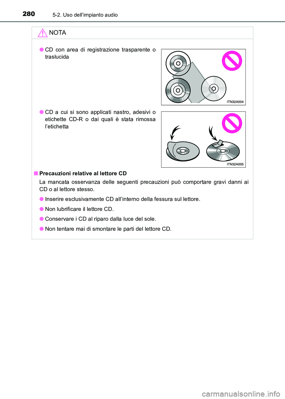 TOYOTA HILUX 2015 Manuale duso (in Italian) 2805-2. Uso dell’impianto audio
HILUX_OM_OM71216L_(EL)
NOTA
■Precauzioni relative al lettore CD
La mancata osservanza delle seguenti precauzioni può comportare gravi danni ai
CD o al lettore stes TOYOTA HILUX 2015 Manuale duso (in Italian) 2805-2. Uso dell’impianto audio
HILUX_OM_OM71216L_(EL)
NOTA
■Precauzioni relative al lettore CD
La mancata osservanza delle seguenti precauzioni può comportare gravi danni ai
CD o al lettore stes