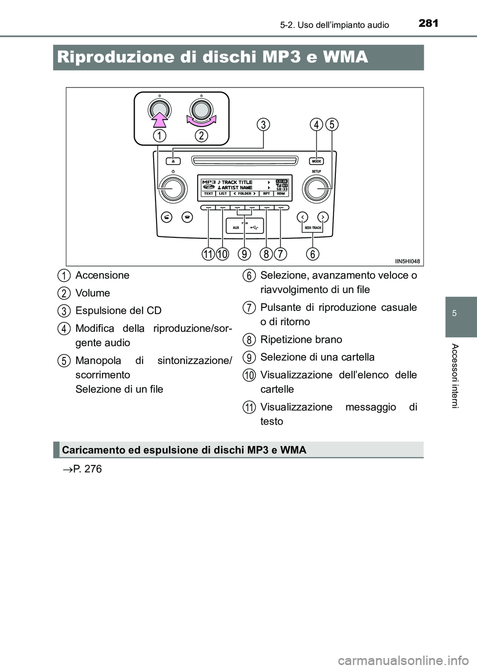 TOYOTA HILUX 2015 Manuale duso (in Italian) 281
5
5-2. Uso dell’impianto audio
Accessori interni
HILUX_OM_OM71216L_(EL)
Riproduzione di dischi MP3 e WMA
→P. 276
Accensione
Volume
Espulsione del CD
Modifica della riproduzione/sor-
gente audi TOYOTA HILUX 2015 Manuale duso (in Italian) 281
5
5-2. Uso dell’impianto audio
Accessori interni
HILUX_OM_OM71216L_(EL)
Riproduzione di dischi MP3 e WMA
→P. 276
Accensione
Volume
Espulsione del CD
Modifica della riproduzione/sor-
gente audi