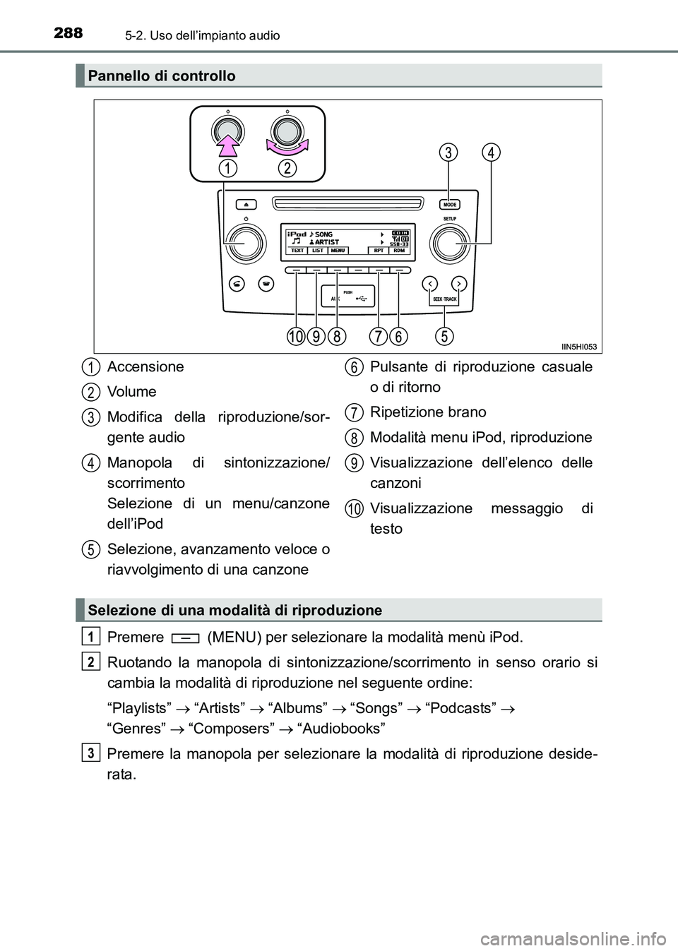 TOYOTA HILUX 2015 Manuale duso (in Italian) 2885-2. Uso dell’impianto audio
HILUX_OM_OM71216L_(EL)
Premere (MENU) per selezionare la modalità menù iPod.
Ruotando la manopola di sintonizzazione/scorrimento in senso orario si
cambia la moda TOYOTA HILUX 2015 Manuale duso (in Italian) 2885-2. Uso dell’impianto audio
HILUX_OM_OM71216L_(EL)
Premere (MENU) per selezionare la modalità menù iPod.
Ruotando la manopola di sintonizzazione/scorrimento in senso orario si
cambia la moda
