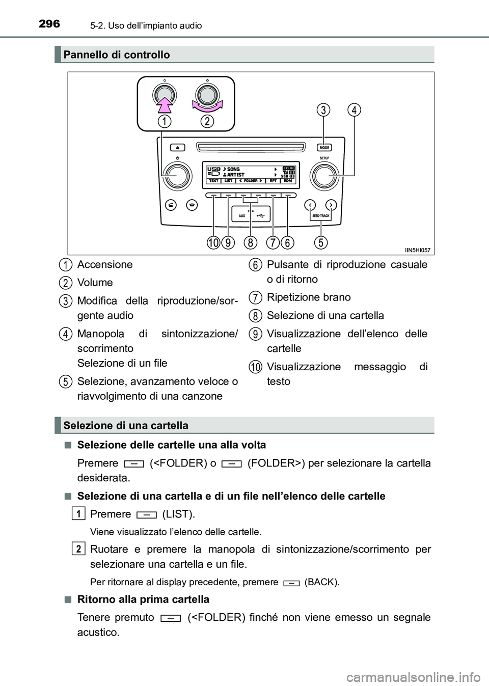 TOYOTA HILUX 2015 Manuale duso (in Italian) 2965-2. Uso dell’impianto audio
HILUX_OM_OM71216L_(EL)■
Selezione delle cartelle una alla volta
Premere (<FOLDER) o (FOLDER>) per selezionare la cartella
desiderata.
■Selezione di una cartel TOYOTA HILUX 2015 Manuale duso (in Italian) 2965-2. Uso dell’impianto audio
HILUX_OM_OM71216L_(EL)■
Selezione delle cartelle una alla volta
Premere (<FOLDER) o (FOLDER>) per selezionare la cartella
desiderata.
■Selezione di una cartel