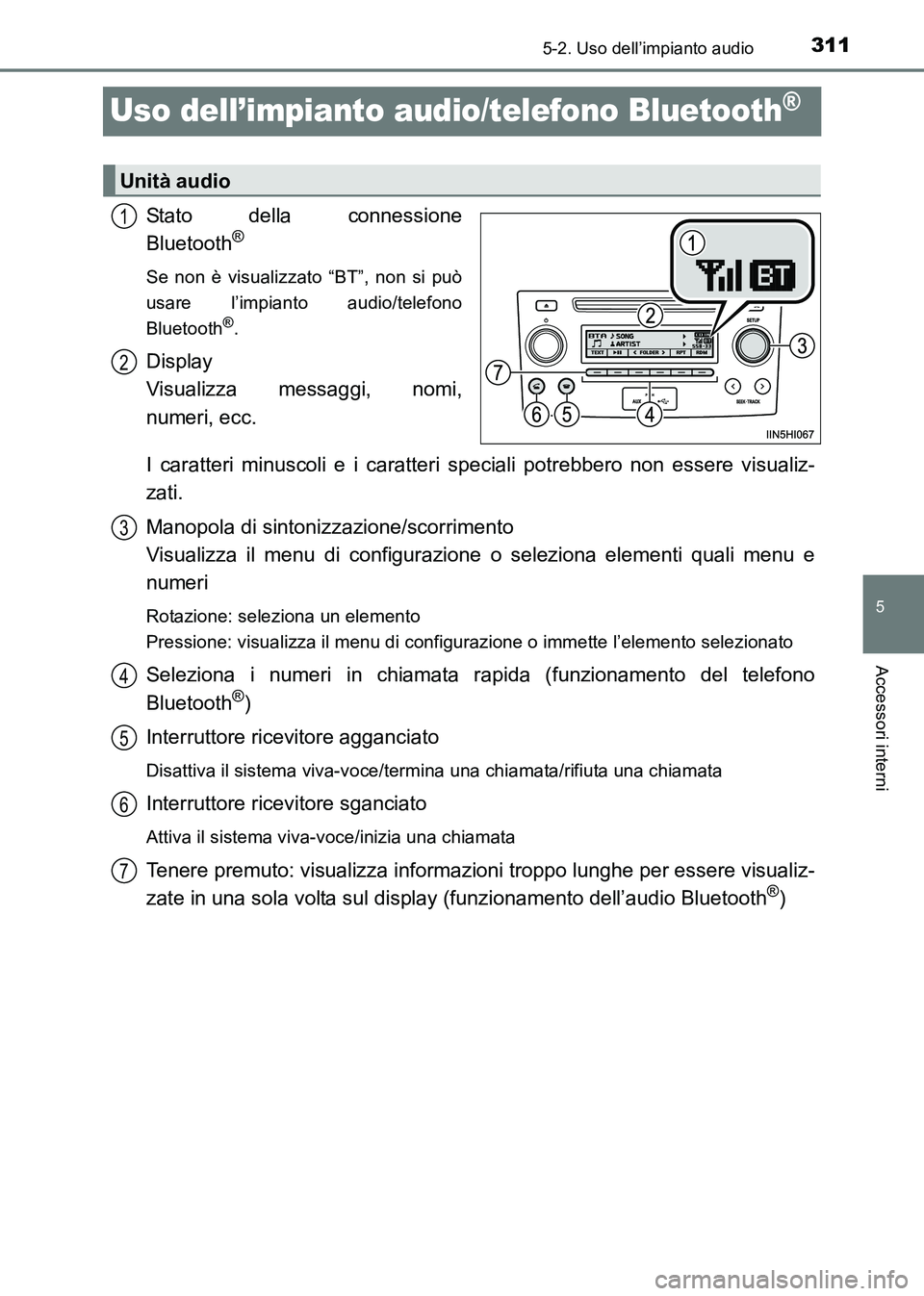 TOYOTA HILUX 2015 Manuale duso (in Italian) 311
5
5-2. Uso dell’impianto audio
Accessori interni
HILUX_OM_OM71216L_(EL)
Uso dell’impianto audio/telefono Bluetooth®
Stato della connessione
Bluetooth®
Se non è visualizzato “BT”, non si TOYOTA HILUX 2015 Manuale duso (in Italian) 311
5
5-2. Uso dell’impianto audio
Accessori interni
HILUX_OM_OM71216L_(EL)
Uso dell’impianto audio/telefono Bluetooth®
Stato della connessione
Bluetooth®
Se non è visualizzato “BT”, non si