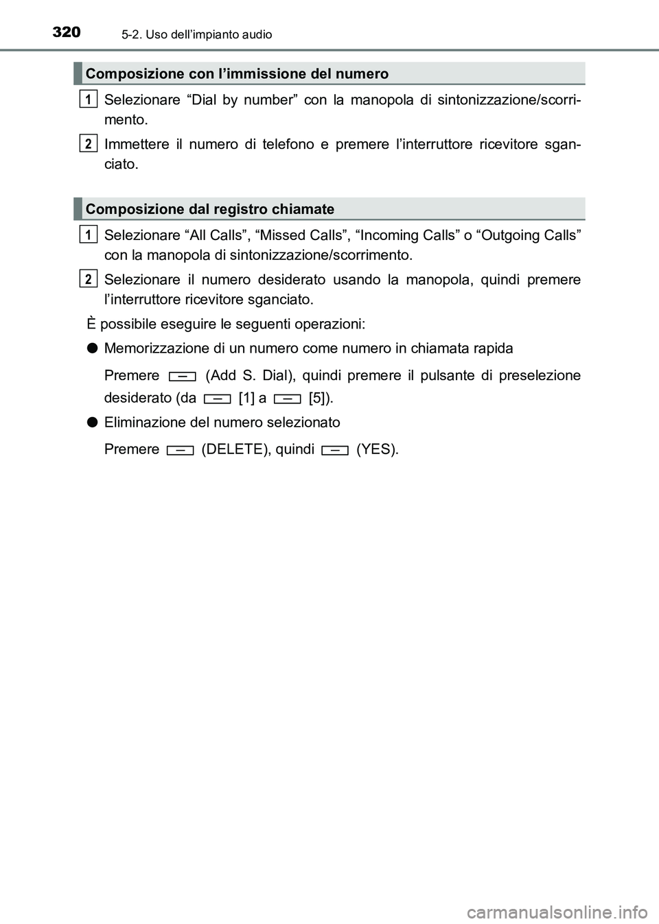 TOYOTA HILUX 2015 Manuale duso (in Italian) 3205-2. Uso dell’impianto audio
HILUX_OM_OM71216L_(EL)
Selezionare “Dial by number” con la manopola di sintonizzazione/scorri-
mento.
Immettere il numero di telefono e premere l’interruttore r TOYOTA HILUX 2015 Manuale duso (in Italian) 3205-2. Uso dell’impianto audio
HILUX_OM_OM71216L_(EL)
Selezionare “Dial by number” con la manopola di sintonizzazione/scorri-
mento.
Immettere il numero di telefono e premere l’interruttore r