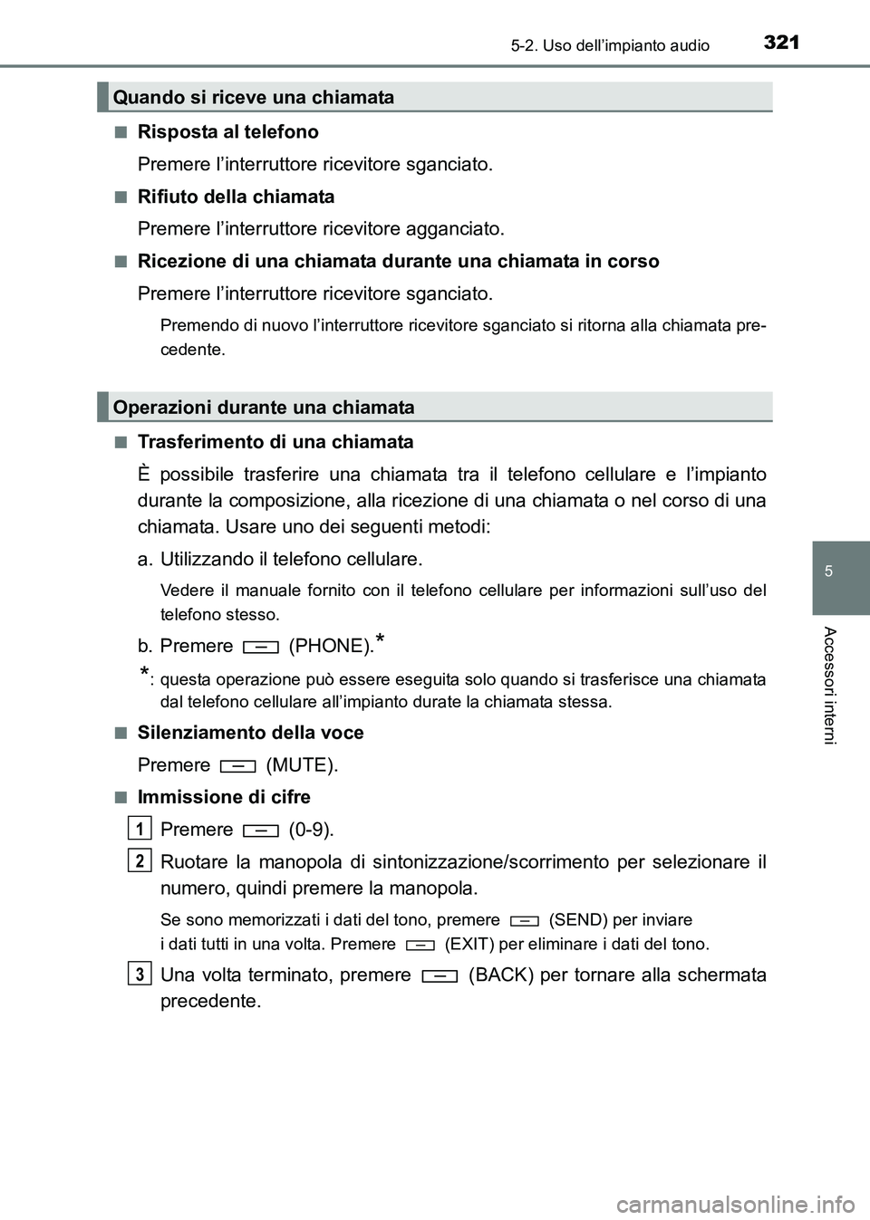 TOYOTA HILUX 2015  Manuale duso (in Italian) 3215-2. Uso dell’impianto audio
5
Accessori interni
HILUX_OM_OM71216L_(EL)■
Risposta al telefono
Premere l’interruttore ricevitore sganciato.
■Rifiuto della chiamata
Premere l’interruttore r