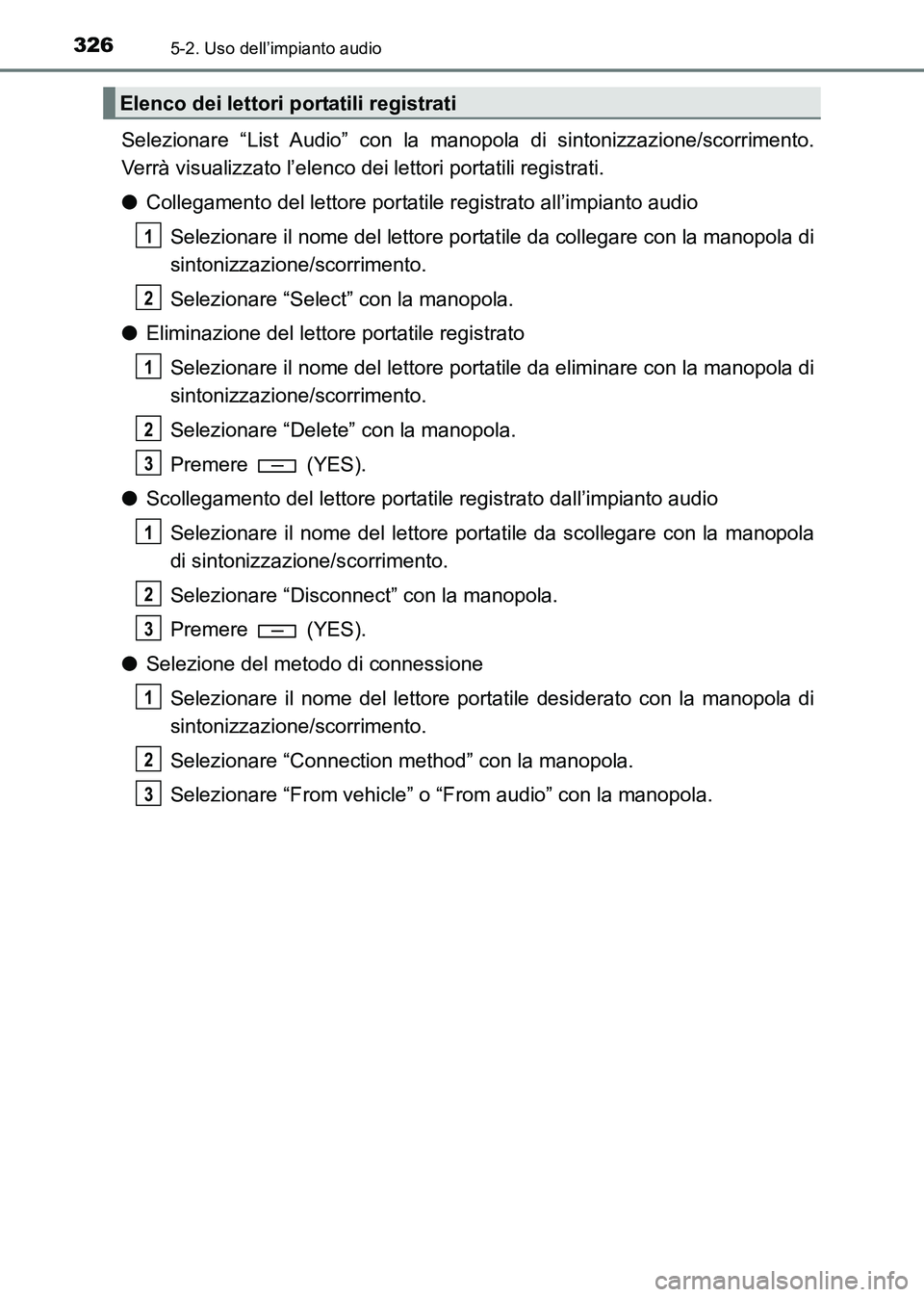 TOYOTA HILUX 2015  Manuale duso (in Italian) 3265-2. Uso dell’impianto audio
HILUX_OM_OM71216L_(EL)
Selezionare “List Audio” con la manopola di sintonizzazione/scorrimento.
Verrà visualizzato l’elenco dei lettori portatili registrati.
