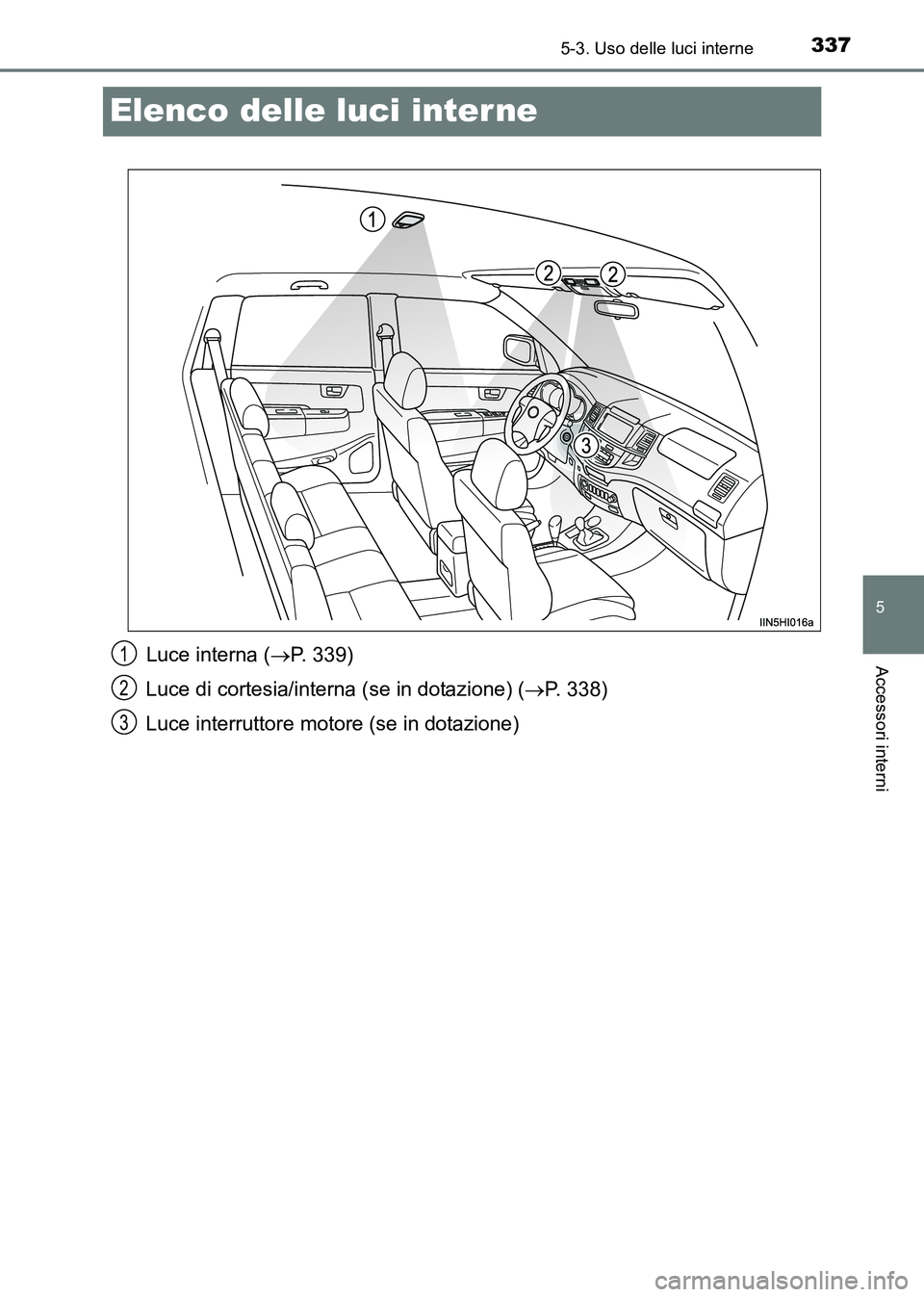 TOYOTA HILUX 2015  Manuale duso (in Italian) 337
5
5-3. Uso delle luci interne
Accessori interni
HILUX_OM_OM71216L_(EL)
Elenco delle luci inter ne
Luce interna (→P. 339)
Luce di cortesia/interna (se in dotazione) ( →P. 338)
Luce interruttore