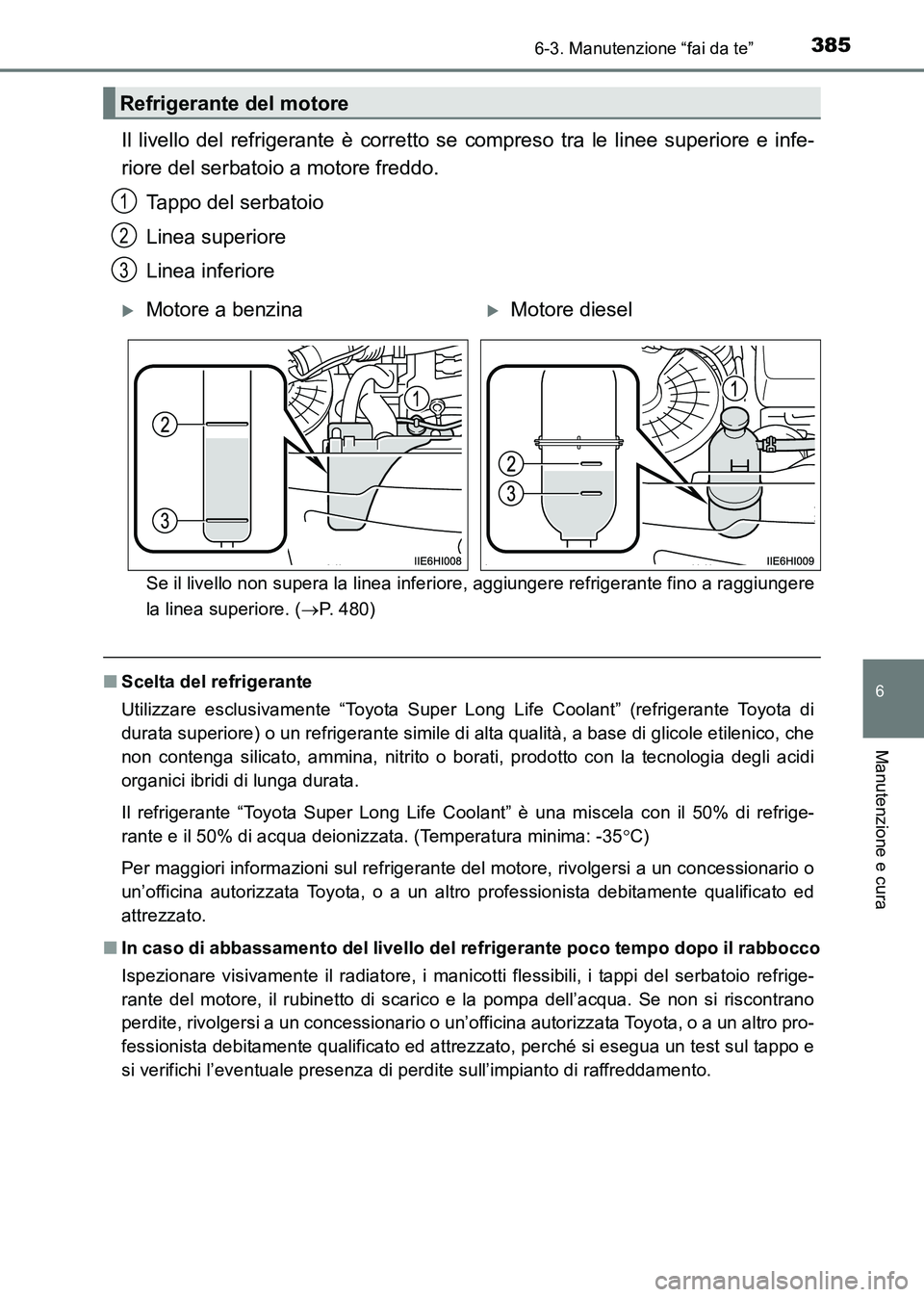 TOYOTA HILUX 2015 Manuale duso (in Italian) 3856-3. Manutenzione “fai da te”
6
Manutenzione e cura
HILUX_OM_OM71216L_(EL)
Il livello del refrigerante è corretto se compreso tra le linee superiore e infe-
riore del serbatoio a motore freddo TOYOTA HILUX 2015 Manuale duso (in Italian) 3856-3. Manutenzione “fai da te”
6
Manutenzione e cura
HILUX_OM_OM71216L_(EL)
Il livello del refrigerante è corretto se compreso tra le linee superiore e infe-
riore del serbatoio a motore freddo