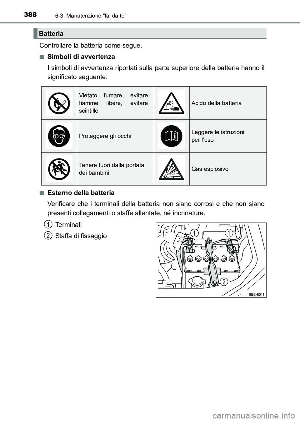 TOYOTA HILUX 2015 Manuale duso (in Italian) 3886-3. Manutenzione “fai da te”
HILUX_OM_OM71216L_(EL)
Controllare la batteria come segue.
■Simboli di avvertenza
I simboli di avvertenza riportati sulla parte superiore della batteria hanno il TOYOTA HILUX 2015 Manuale duso (in Italian) 3886-3. Manutenzione “fai da te”
HILUX_OM_OM71216L_(EL)
Controllare la batteria come segue.
■Simboli di avvertenza
I simboli di avvertenza riportati sulla parte superiore della batteria hanno il