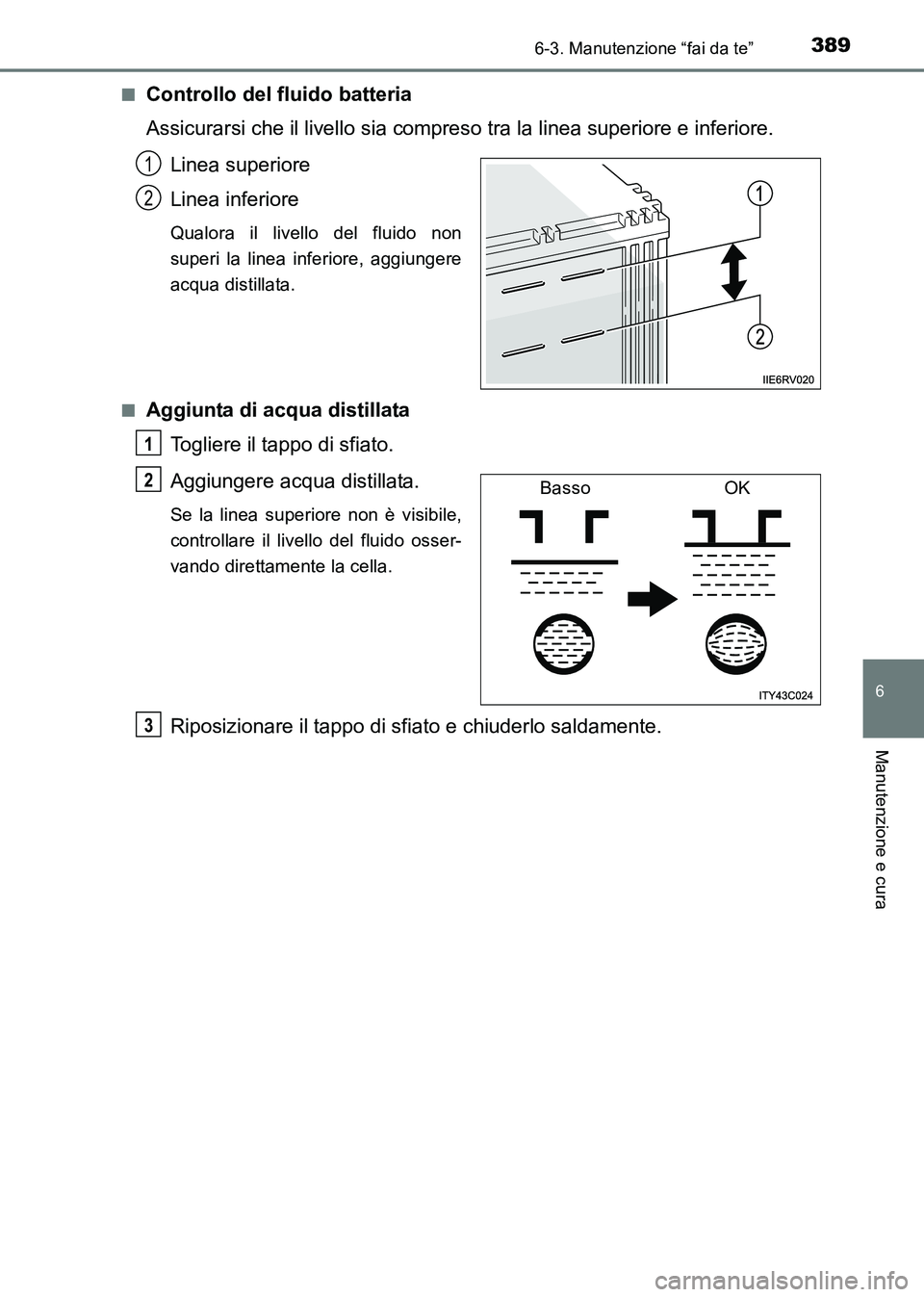 TOYOTA HILUX 2015 Manuale duso (in Italian) 3896-3. Manutenzione “fai da te”
6
Manutenzione e cura
HILUX_OM_OM71216L_(EL)■
Controllo del fluido batteria
Assicurarsi che il livello sia compreso tra la linea superiore e inferiore.
Linea su TOYOTA HILUX 2015 Manuale duso (in Italian) 3896-3. Manutenzione “fai da te”
6
Manutenzione e cura
HILUX_OM_OM71216L_(EL)■
Controllo del fluido batteria
Assicurarsi che il livello sia compreso tra la linea superiore e inferiore.
Linea su