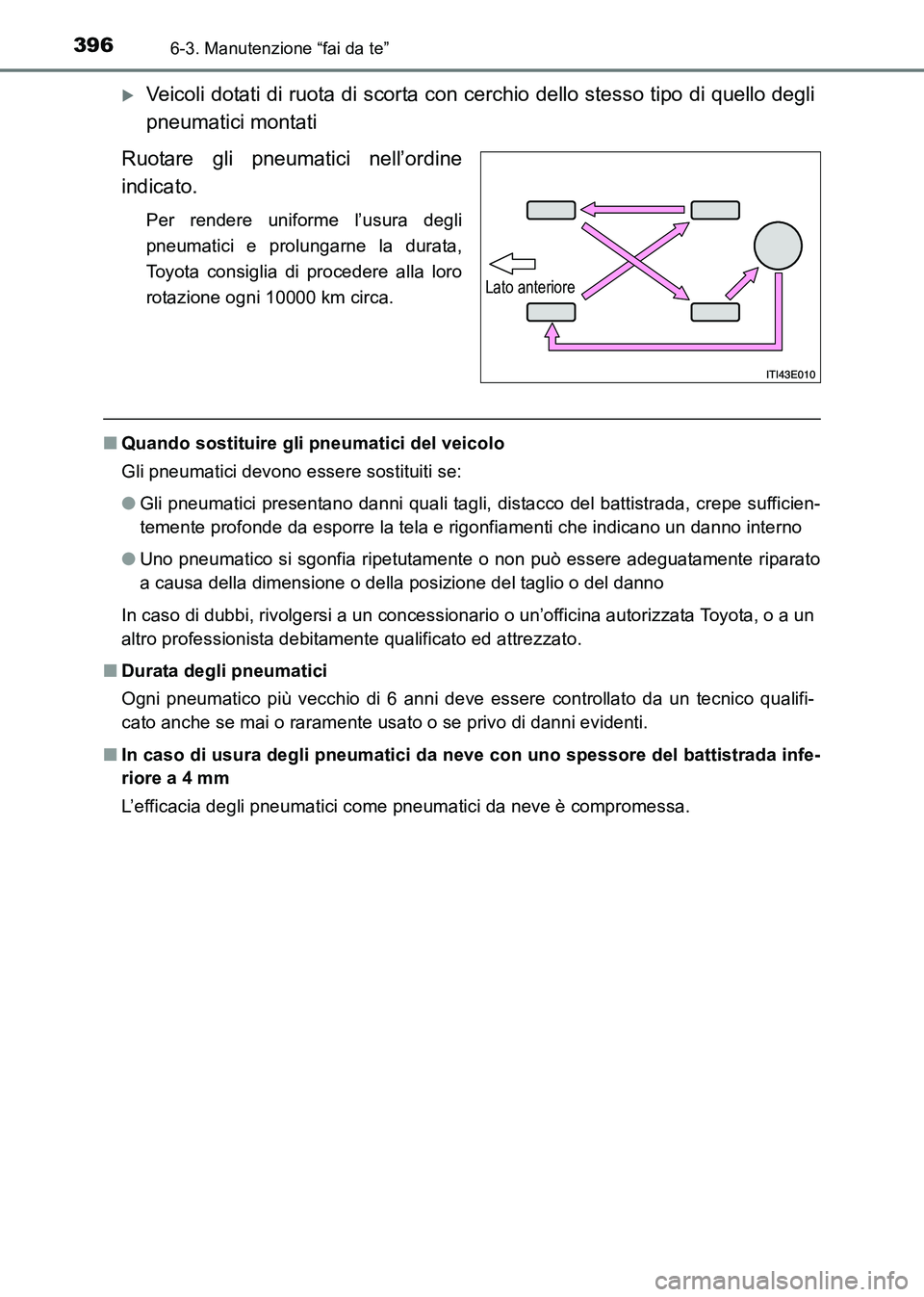 TOYOTA HILUX 2015  Manuale duso (in Italian) 3966-3. Manutenzione “fai da te”
HILUX_OM_OM71216L_(EL)
�XVeicoli dotati di ruota di scorta con cerchio dello stesso tipo di quello degli
pneumatici montati
Ruotare gli pneumatici nell’ordine
in
