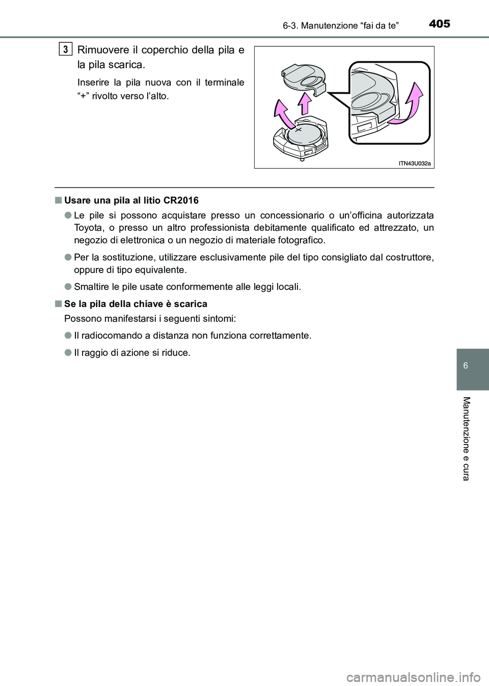 TOYOTA HILUX 2015  Manuale duso (in Italian) 4056-3. Manutenzione “fai da te”
6
Manutenzione e cura
HILUX_OM_OM71216L_(EL)
Rimuovere il coperchio della pila e
la pila scarica.
Inserire la pila nuova con il terminale
“+” rivolto verso l