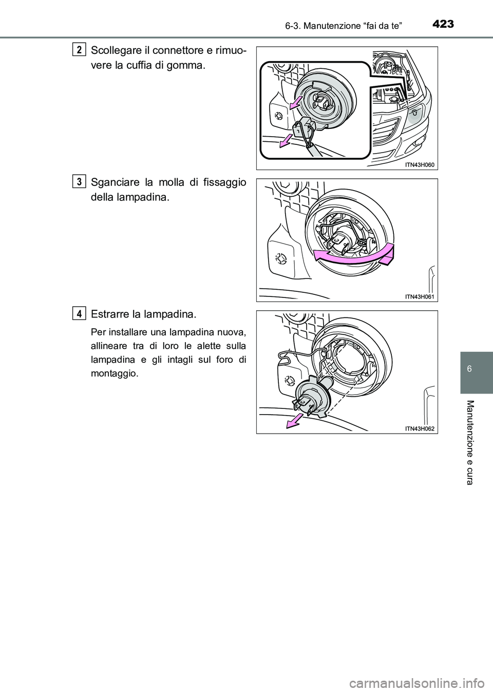 TOYOTA HILUX 2015  Manuale duso (in Italian) 4236-3. Manutenzione “fai da te”
6
Manutenzione e cura
HILUX_OM_OM71216L_(EL)
Scollegare il connettore e rimuo-
vere la cuffia di gomma.
Sganciare la molla di fissaggio
della lampadina.
Estrarre l