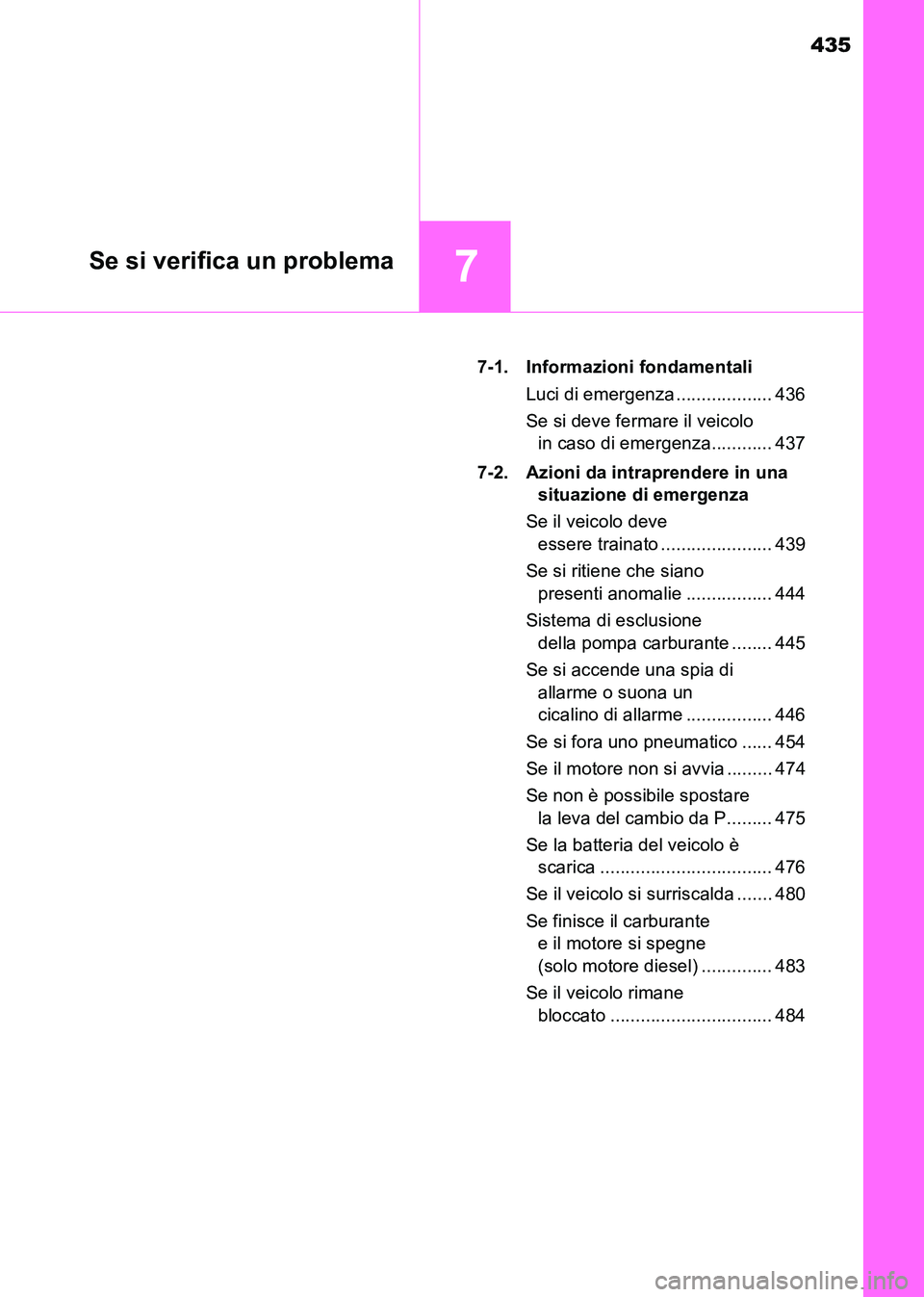 TOYOTA HILUX 2015 Manuale duso (in Italian) 435
7Se si verifica un problema
HILUX_OM_OM71216L_(EL)7-1. Informazioni fondamentali
Luci di emergenza ................... 436
Se si deve fermare il veicolo in caso di emergenza............ 437
7-2. A TOYOTA HILUX 2015 Manuale duso (in Italian) 435
7Se si verifica un problema
HILUX_OM_OM71216L_(EL)7-1. Informazioni fondamentali
Luci di emergenza ................... 436
Se si deve fermare il veicolo in caso di emergenza............ 437
7-2. A